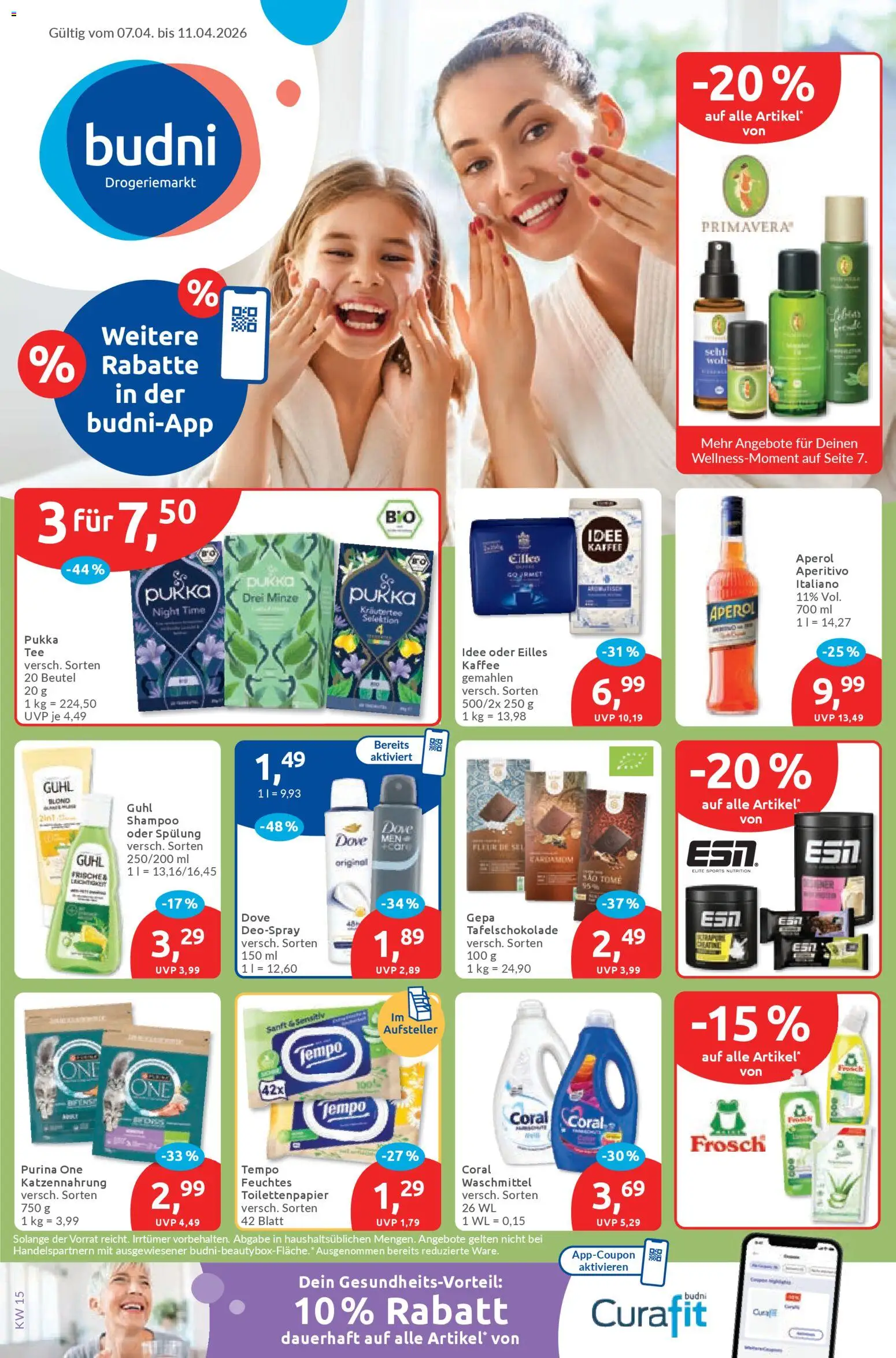Budni Prospekt – gültig ab 07.04.2026 | Seite: 1 | Produkte: Purina one, Idee kaffee, Spülung, Aperol