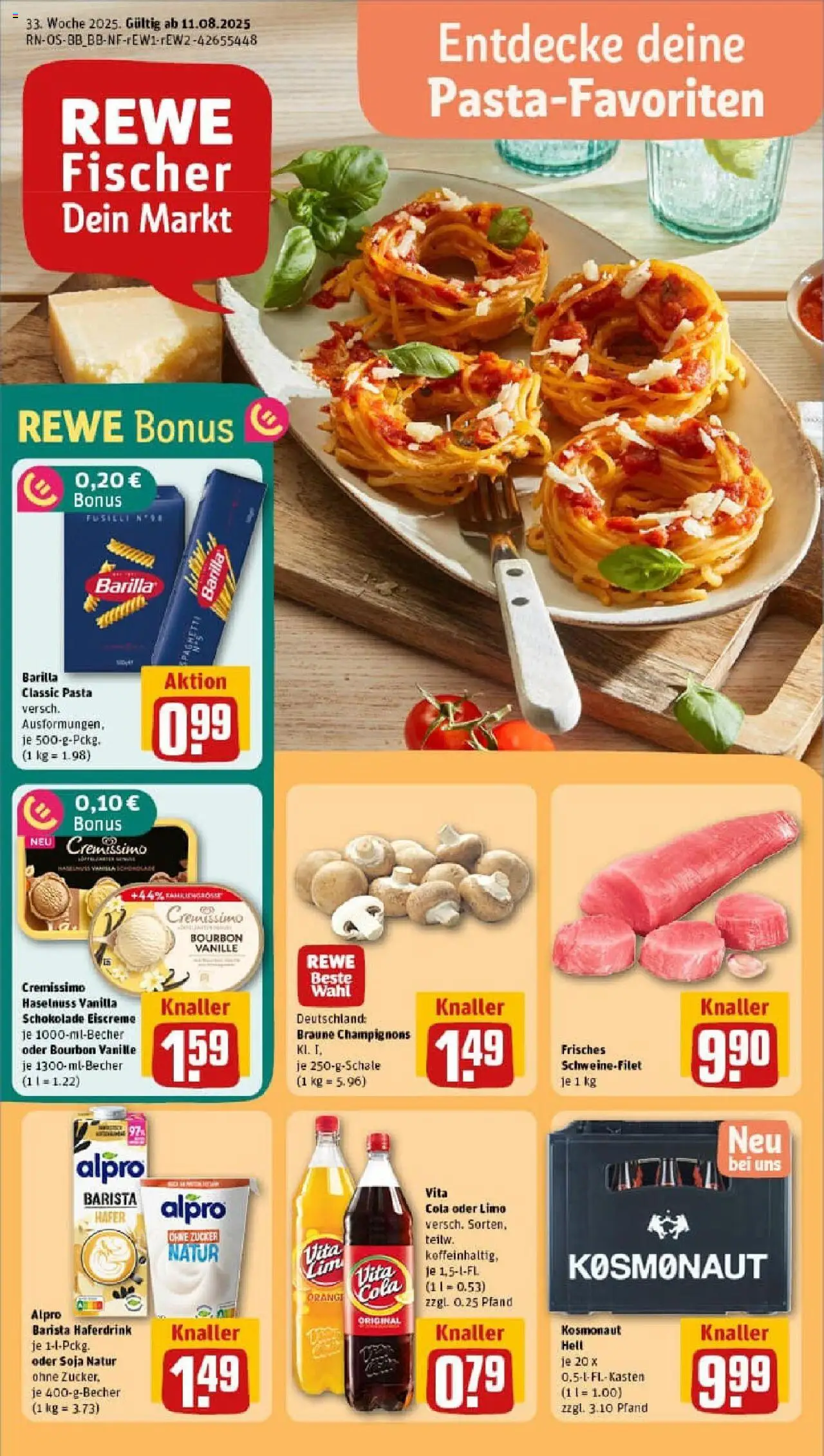 Rewe prospekt Nuthetal / Bergholz-Rehbrücke	 - gültig ab dem 11.08.2025 | Seite: 1 | Produkte: Cremissimo, Barilla, Vita cola, Pasta