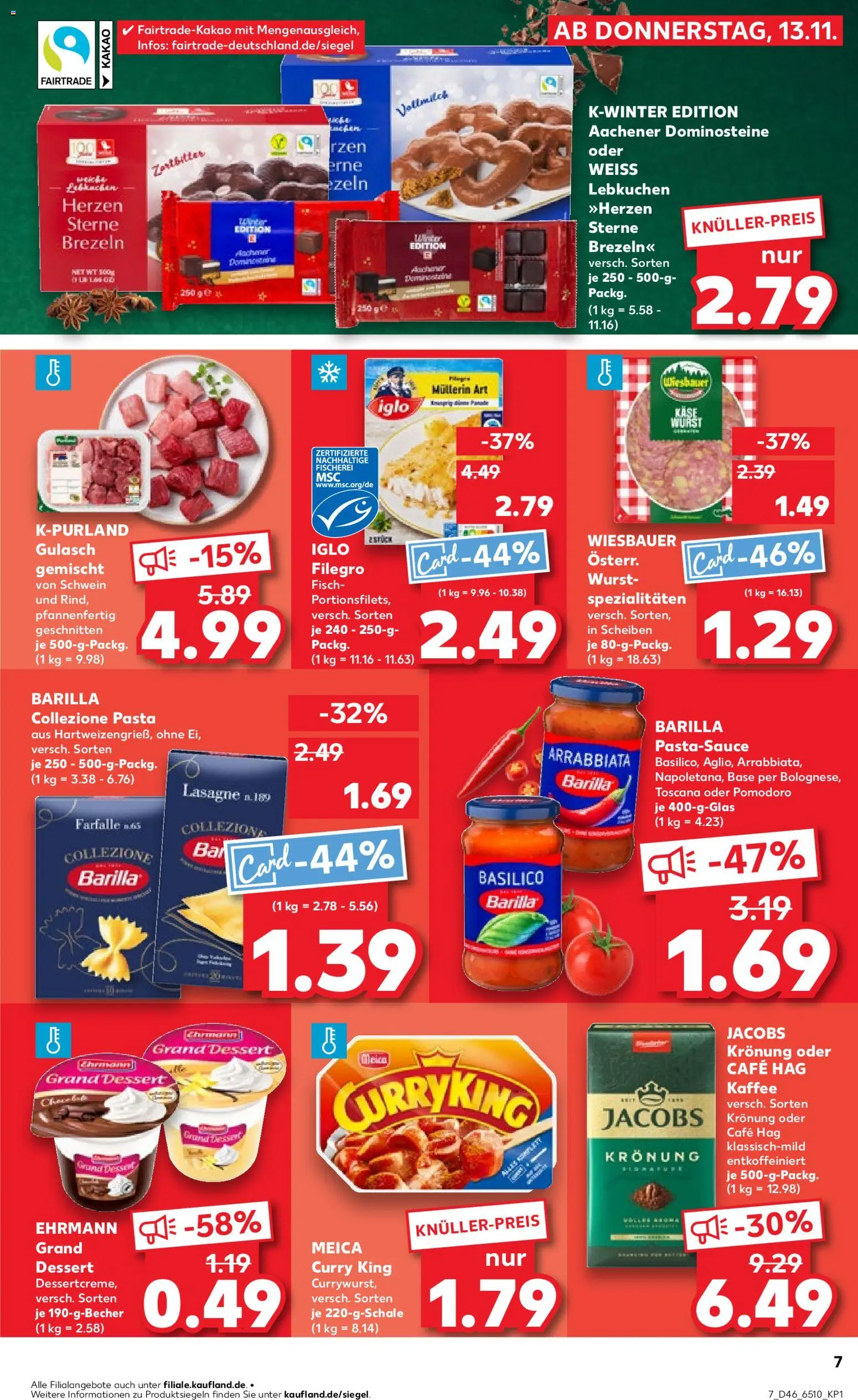 Kaufland prospekt Köln	 – gültig ab 13.11.2025 | Seite: 7 | Produkte: Ehrmann grand dessert, Fisch, Gulasch, Wurst