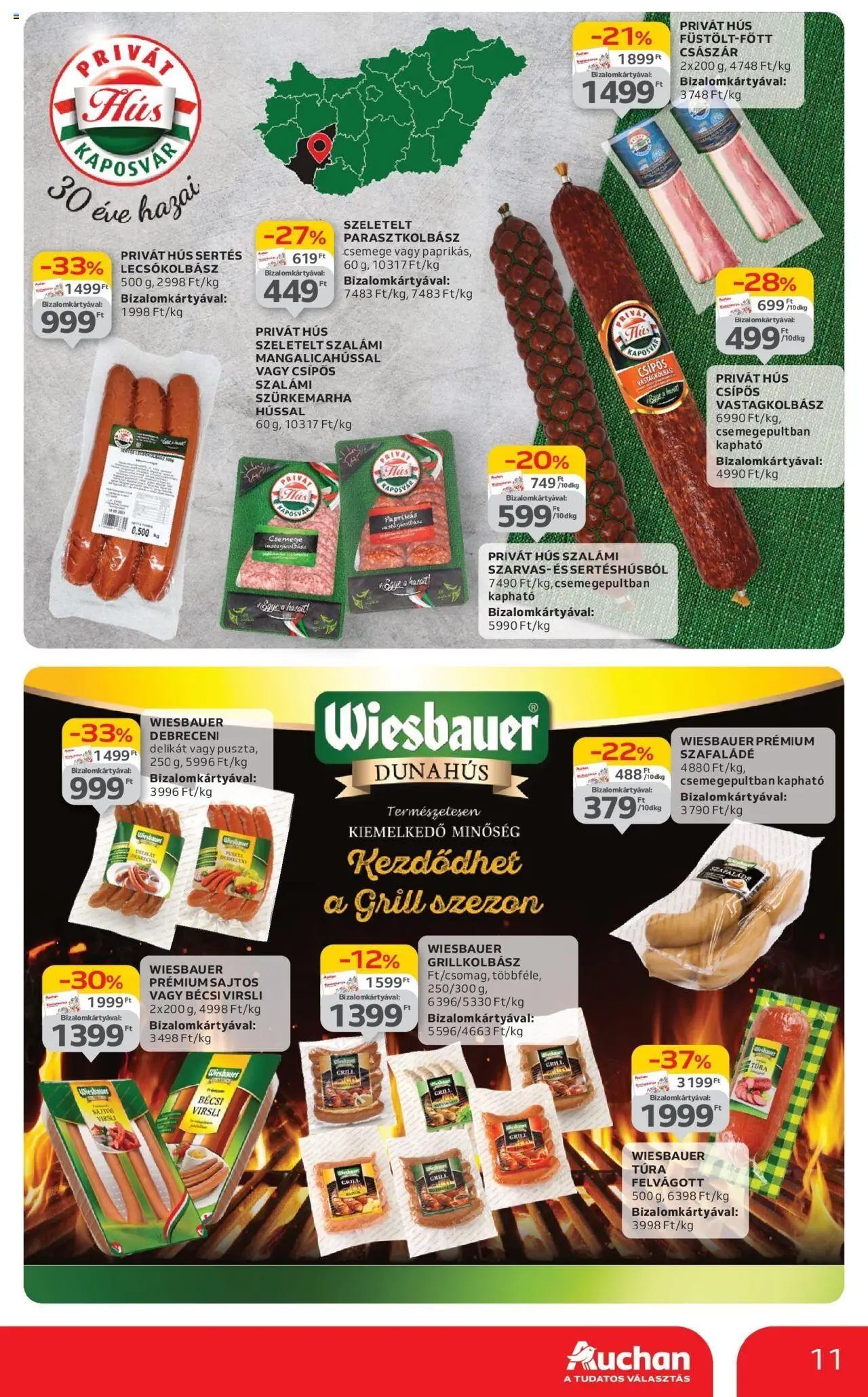 Auchan akciós ujság - amely érvényes a következő dátumtól: 12.06.2025 | Oldal: 11 | Termékek: Virsli, Szalámi, Lecsókolbász, Felvágott