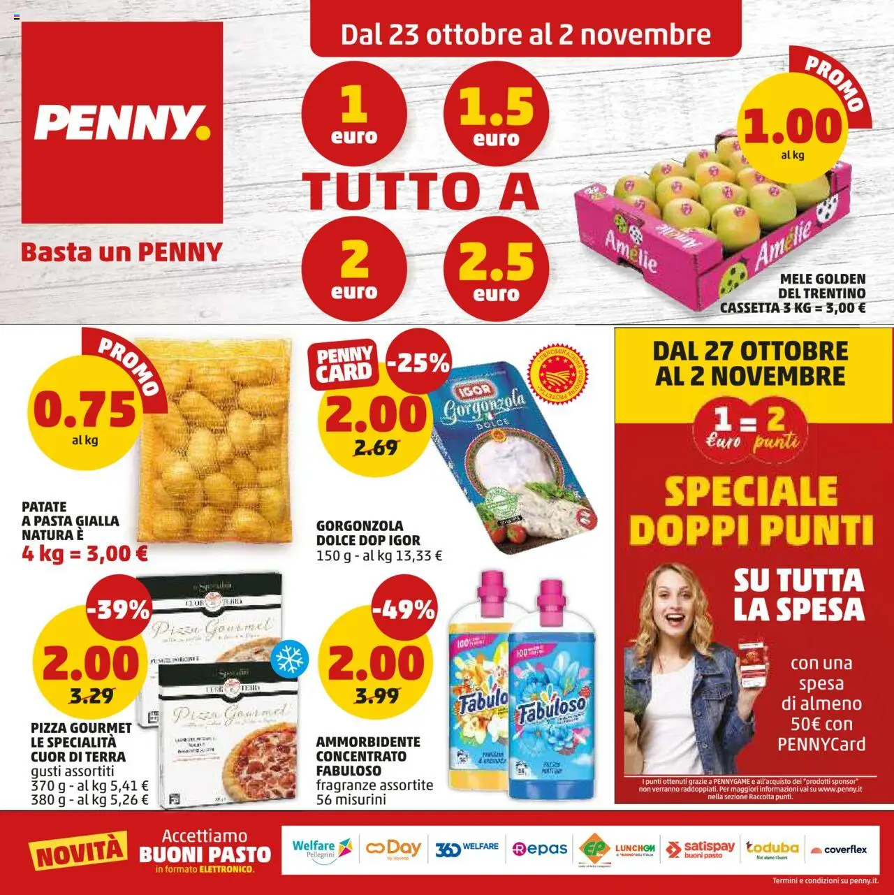 Volantino PENNY del 23.10.2025 | Pagina: 1 | Prodotti: Pizza, Mele, Ammorbidente, Gorgonzola