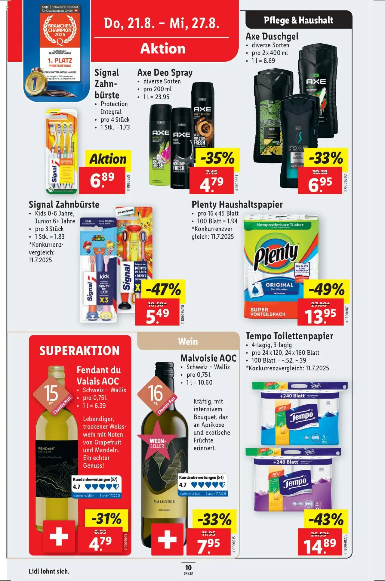 Lidl Aktionen ab 21.08.2025 | Seite: 12 | Produkte: Zahnbürste, Wein, Früchte, Toilettenpapier