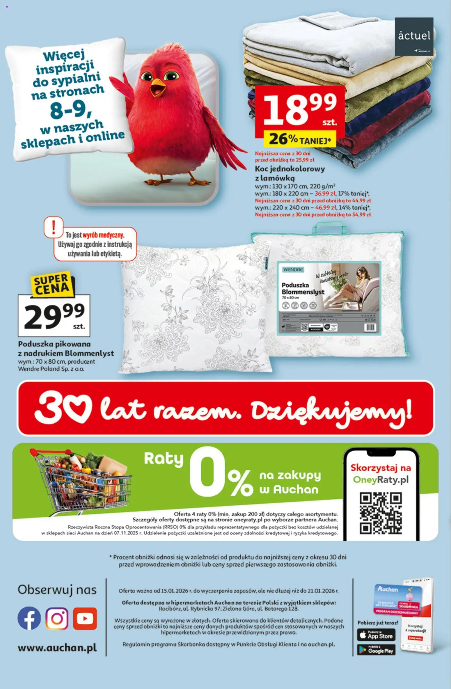 Auchan Gazetka - 30 Lat Hipermarket od 15.01.2026 | Strona: 45 | Produkty: Poduszka, Koc