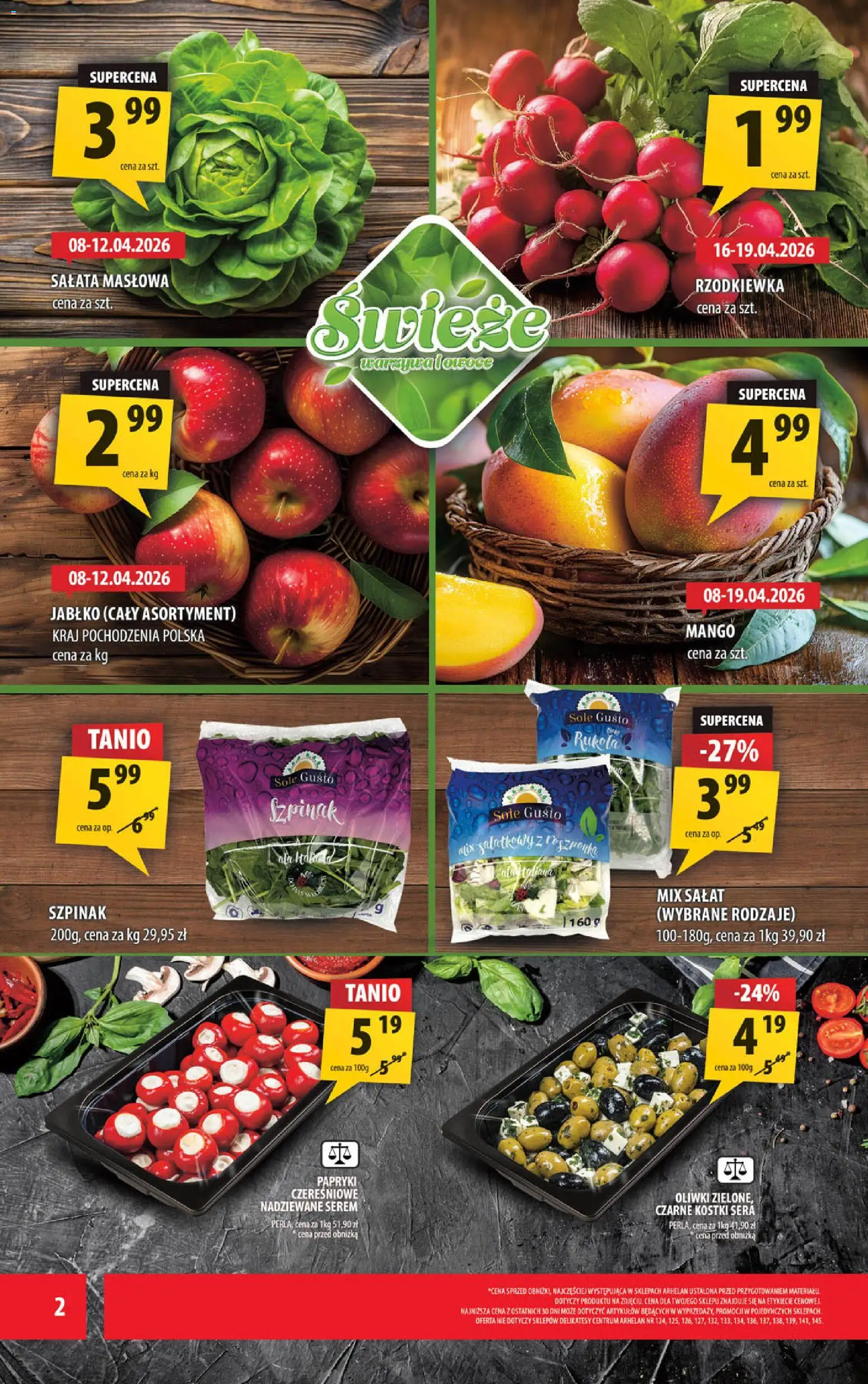 Arhelan gazetka od 08.04.2026 | Strona: 2 | Produkty: Mango, Szpinak, Roszponka, Owoce