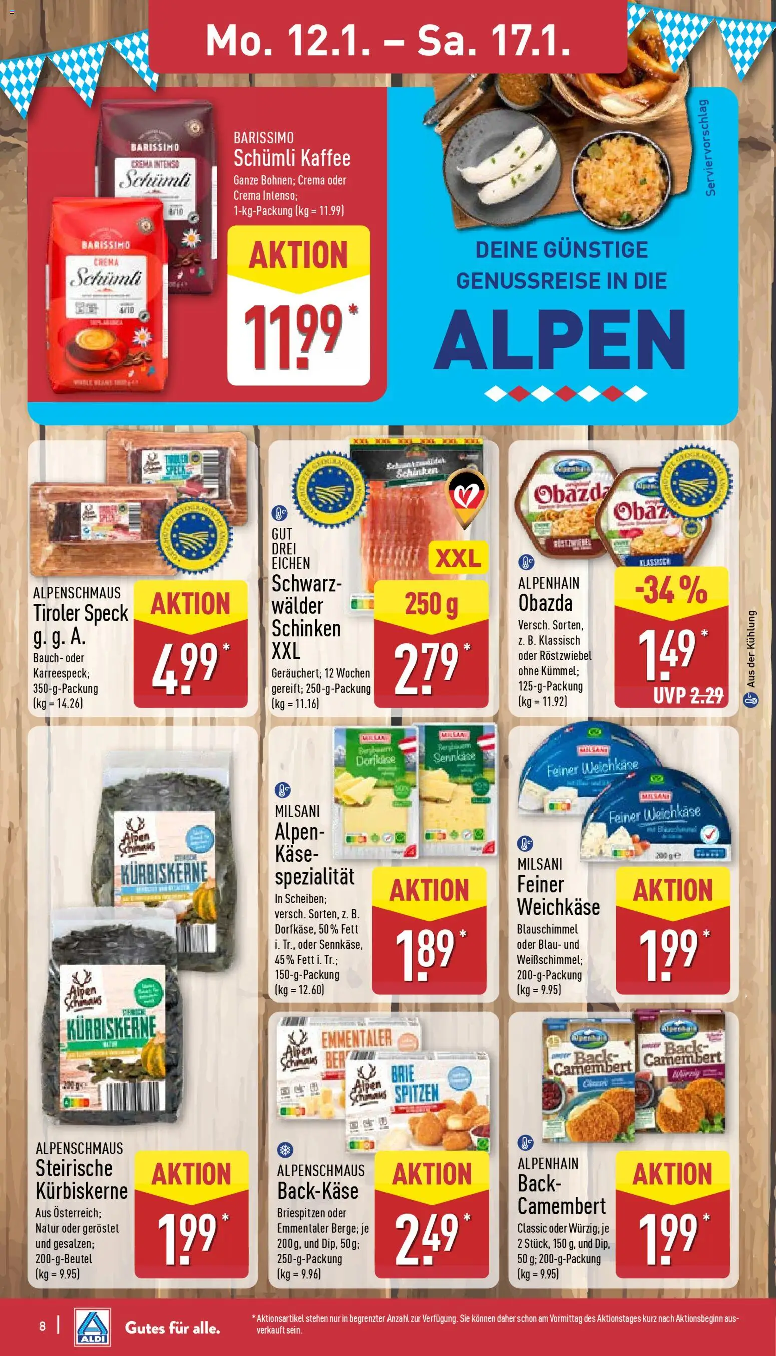 Aldi Prospekt 	 – gültig ab 12.01.2026 | Seite: 8 | Produkte: Käse, Kaffee, Schinken