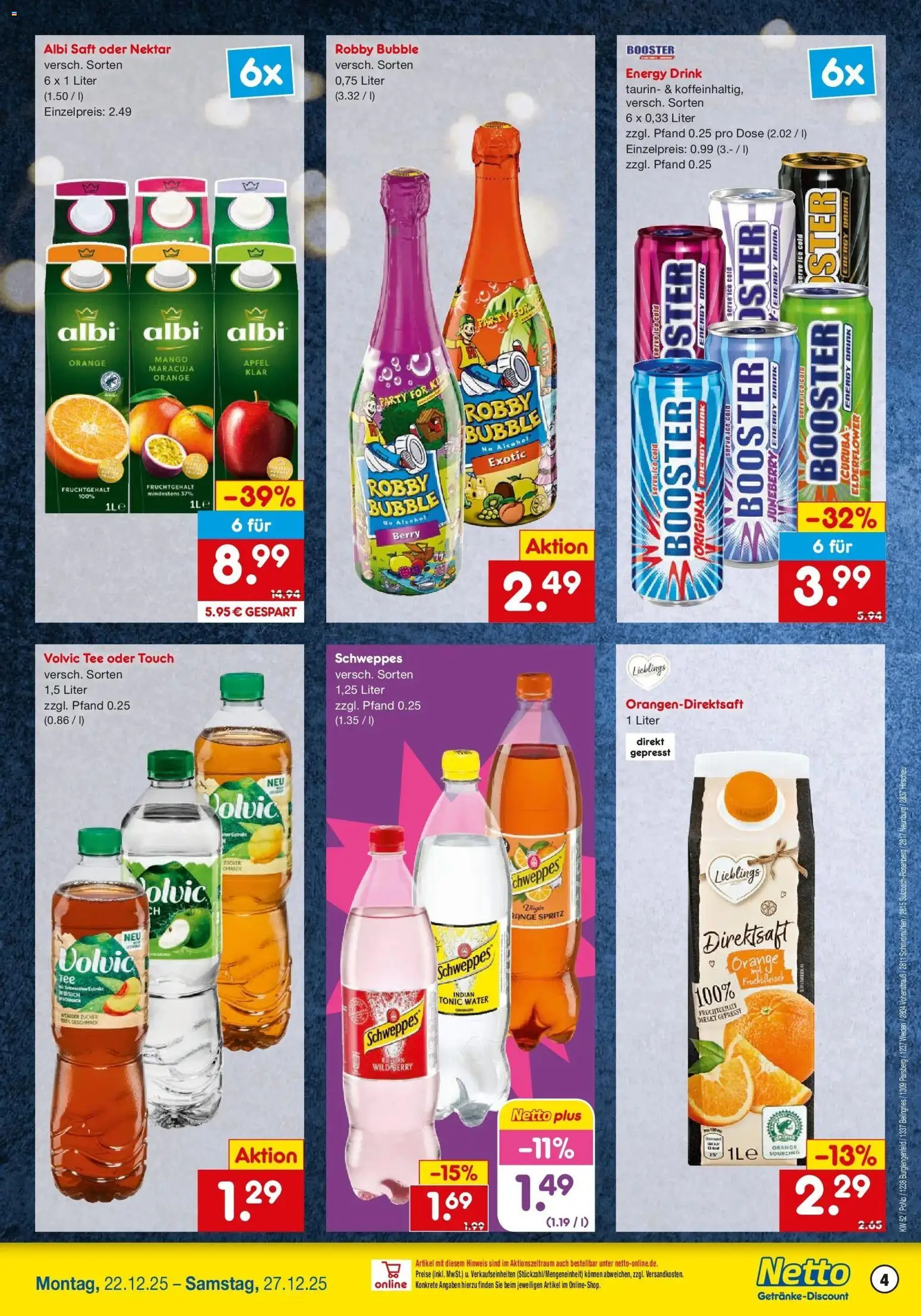 Netto Marken-Discount prospekt Hirschau	 – gültig ab 22.12.2025 | Seite: 4 | Produkte: Energy, Volvic tee, Saft, Tee