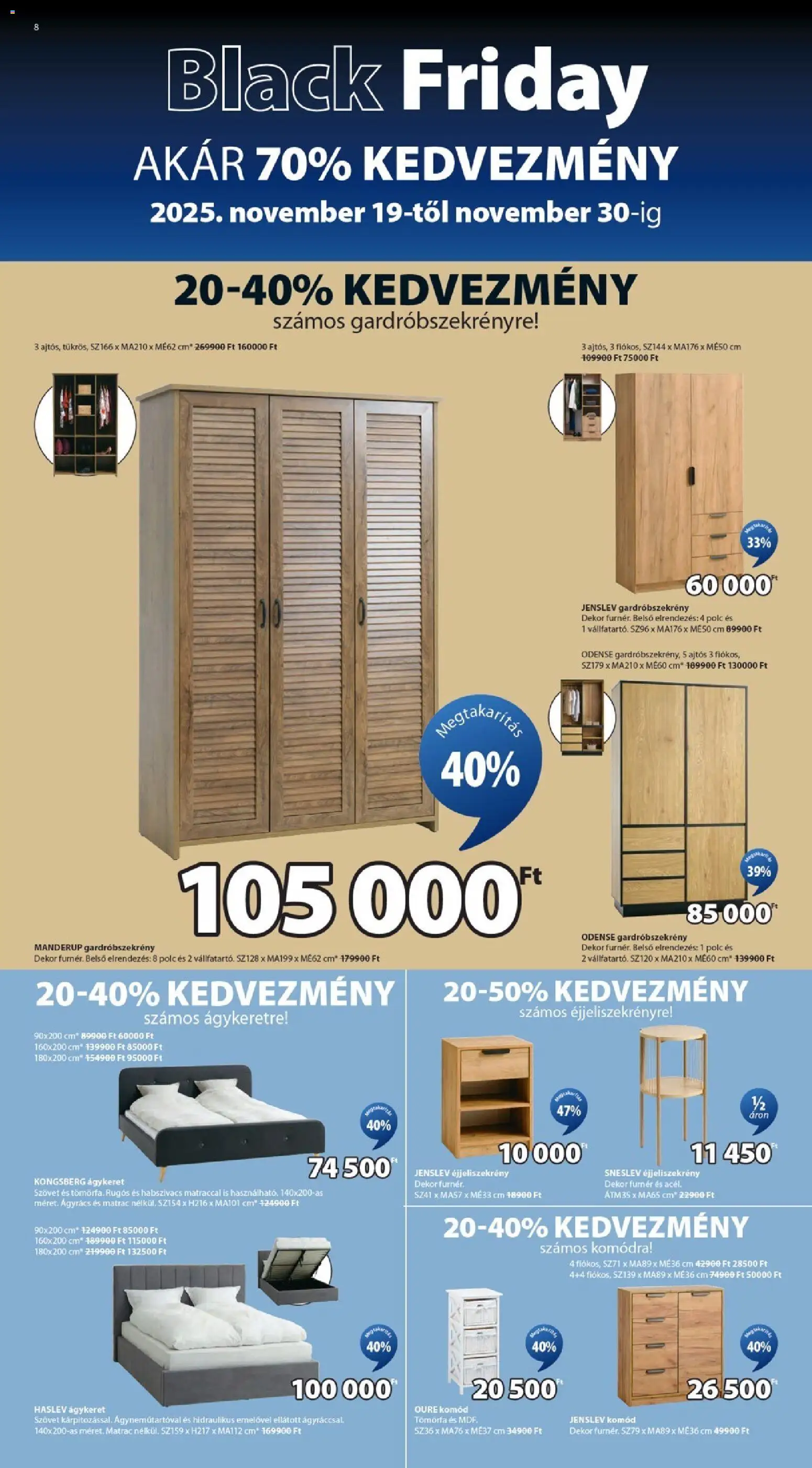 JYSK akciós ujság - amely érvényes a következő dátumtól: 19.11.2025 | Oldal: 8 | Termékek: Matrac, Éjjeliszekrény, Polc, Ágyrács