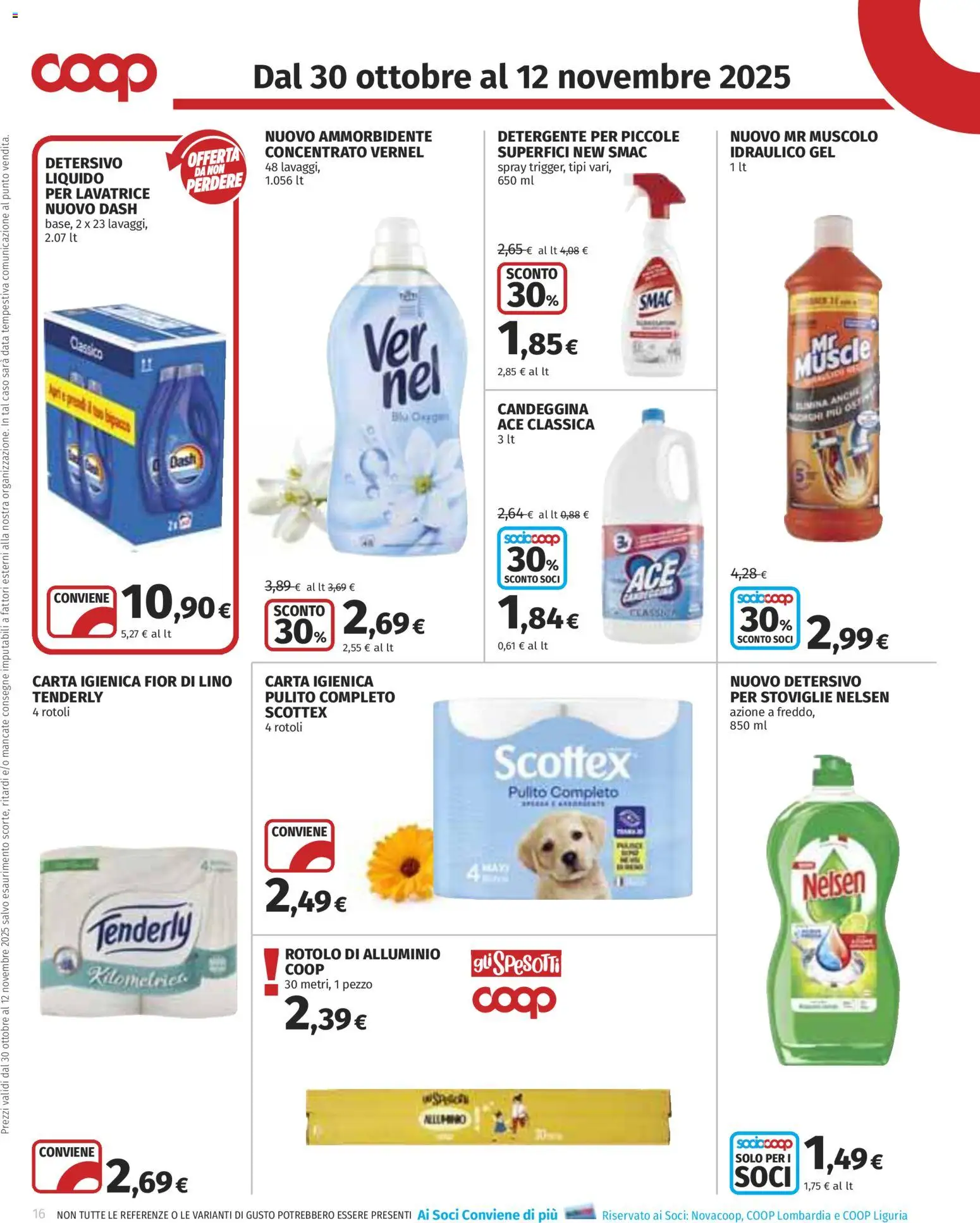 Volantino COOP del 30.10.2025 | Pagina: 16 | Prodotti: Carta igienica, Detergente, Candeggina, Data