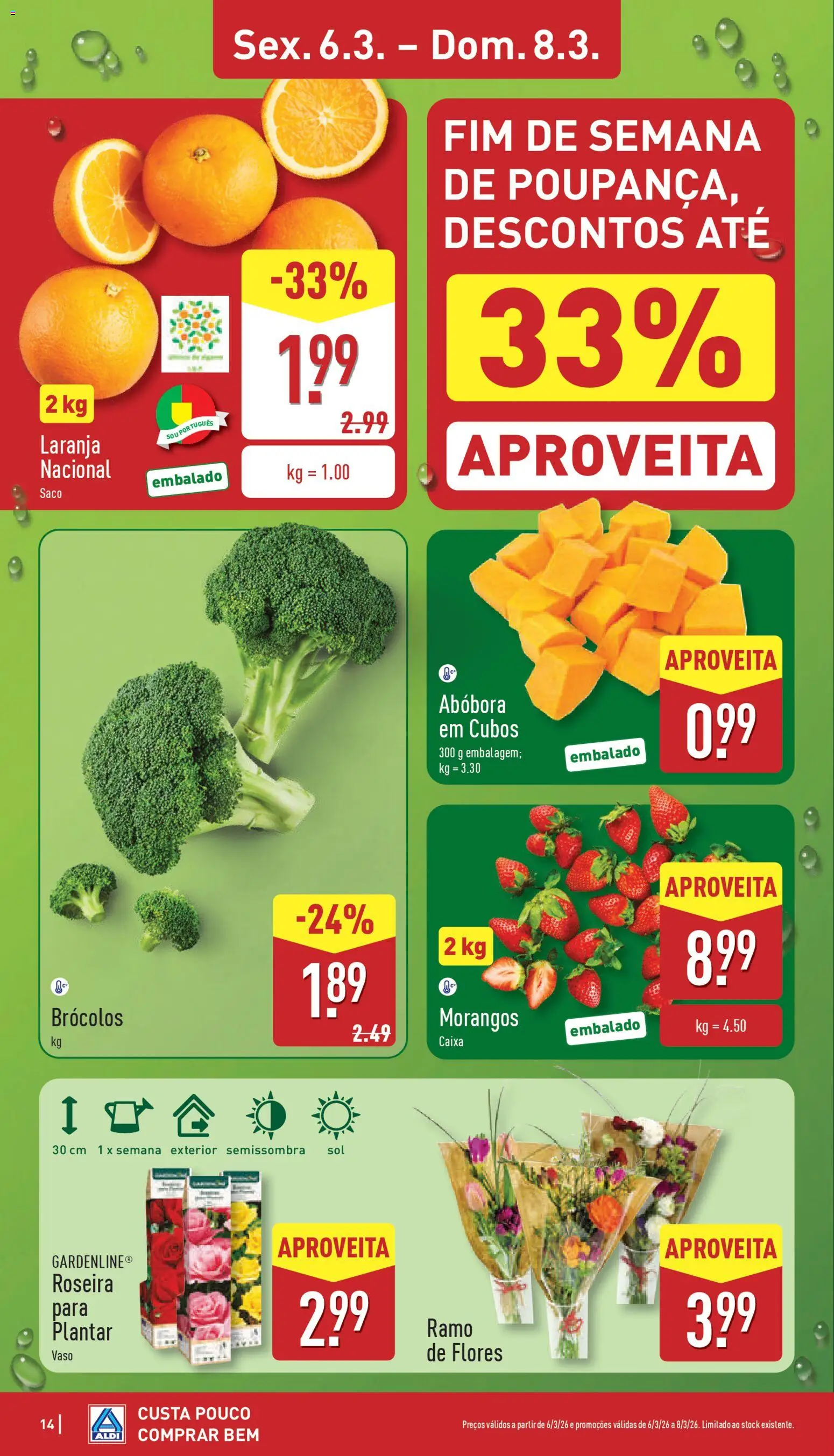 Aldi folheto │ válido de 02.03.2026 | Página: 14 | Produtos: Brócolos, Flores, Caixa, Vaso de flores