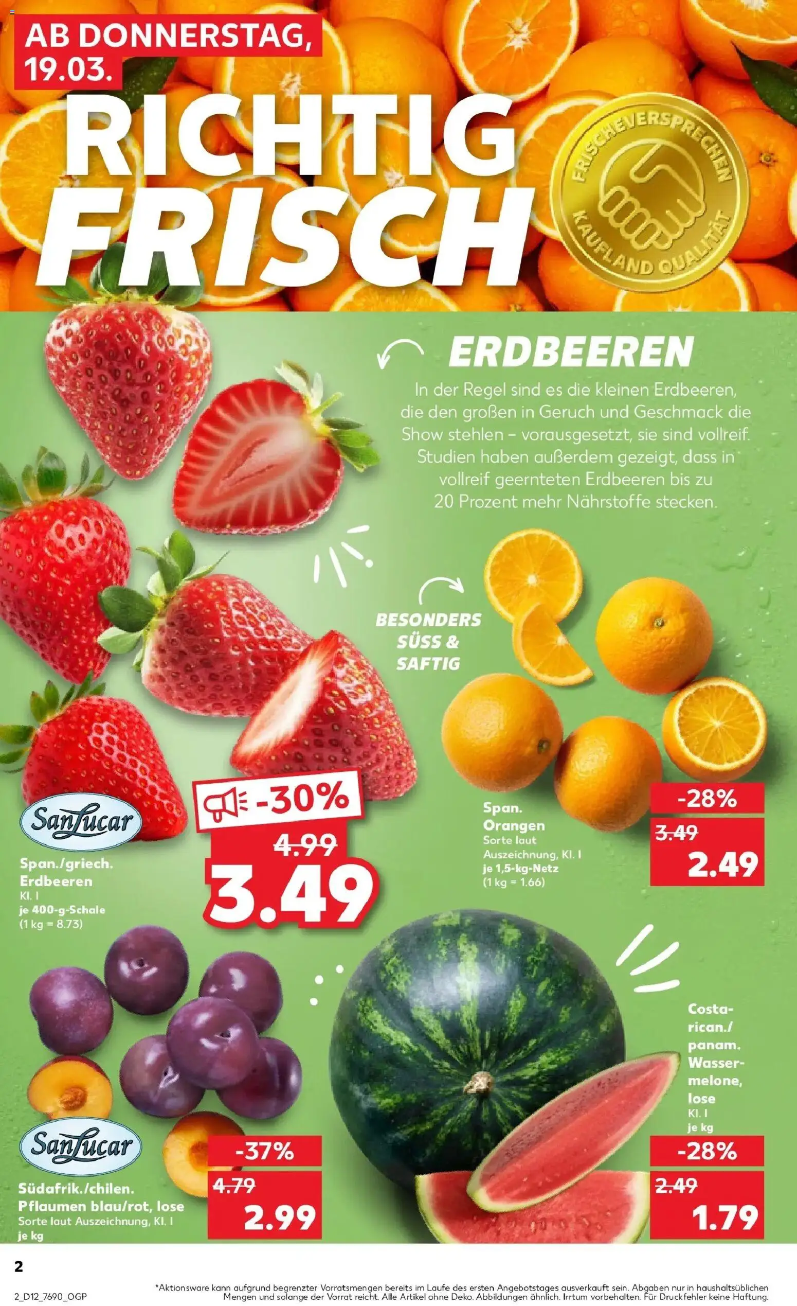 Kaufland Prospekt Passau	 – gültig ab 19.03.2026 | Seite: 2 | Produkte: Pflaumen, Orangen, Wasser, Erdbeeren