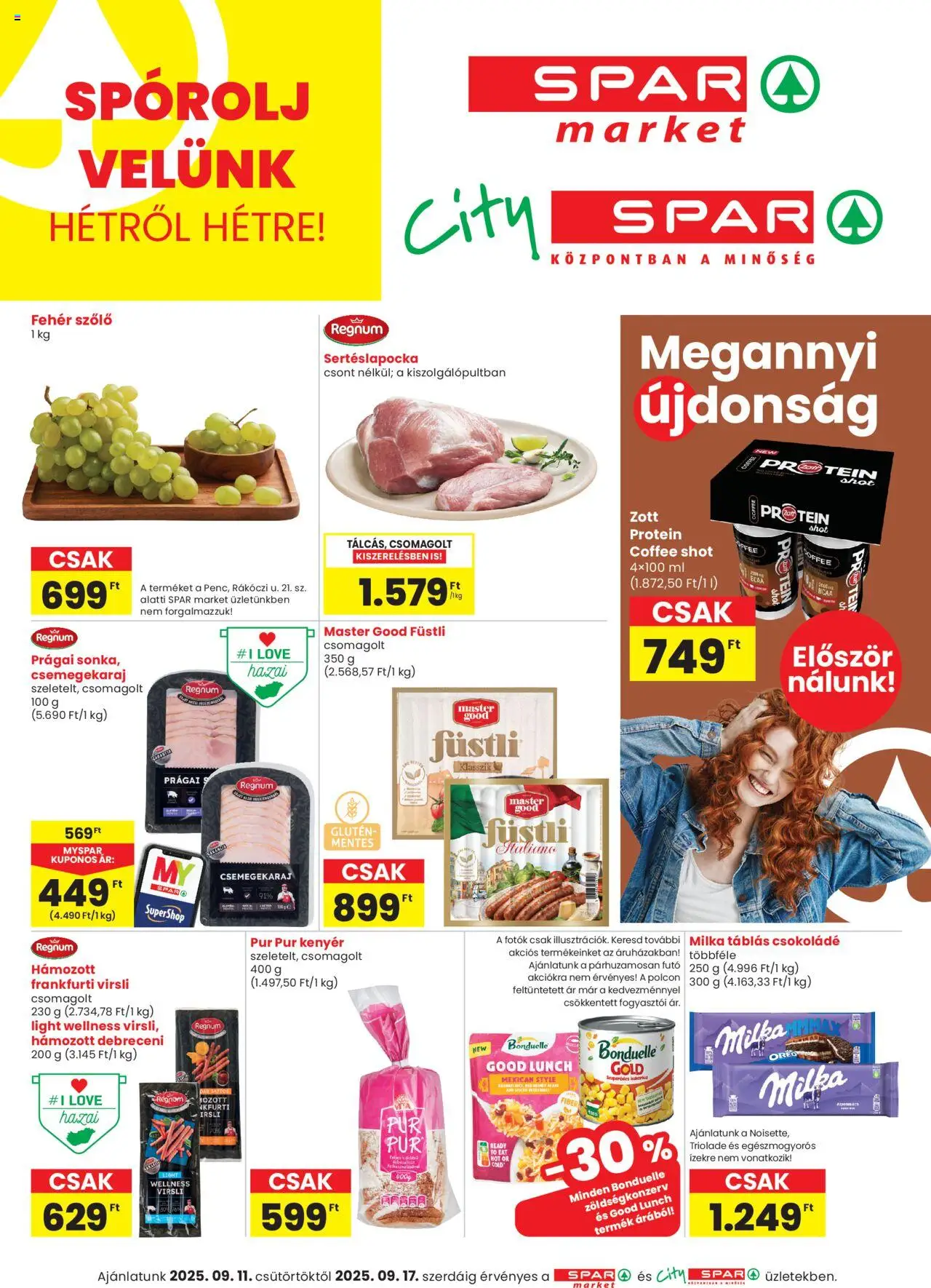 Spar Market akciós ujság - amely érvényes a következő dátumtól: 11.09.2025 | Oldal: 1 | Termékek: Debreceni, Protein, Kenyér, Csokoládé