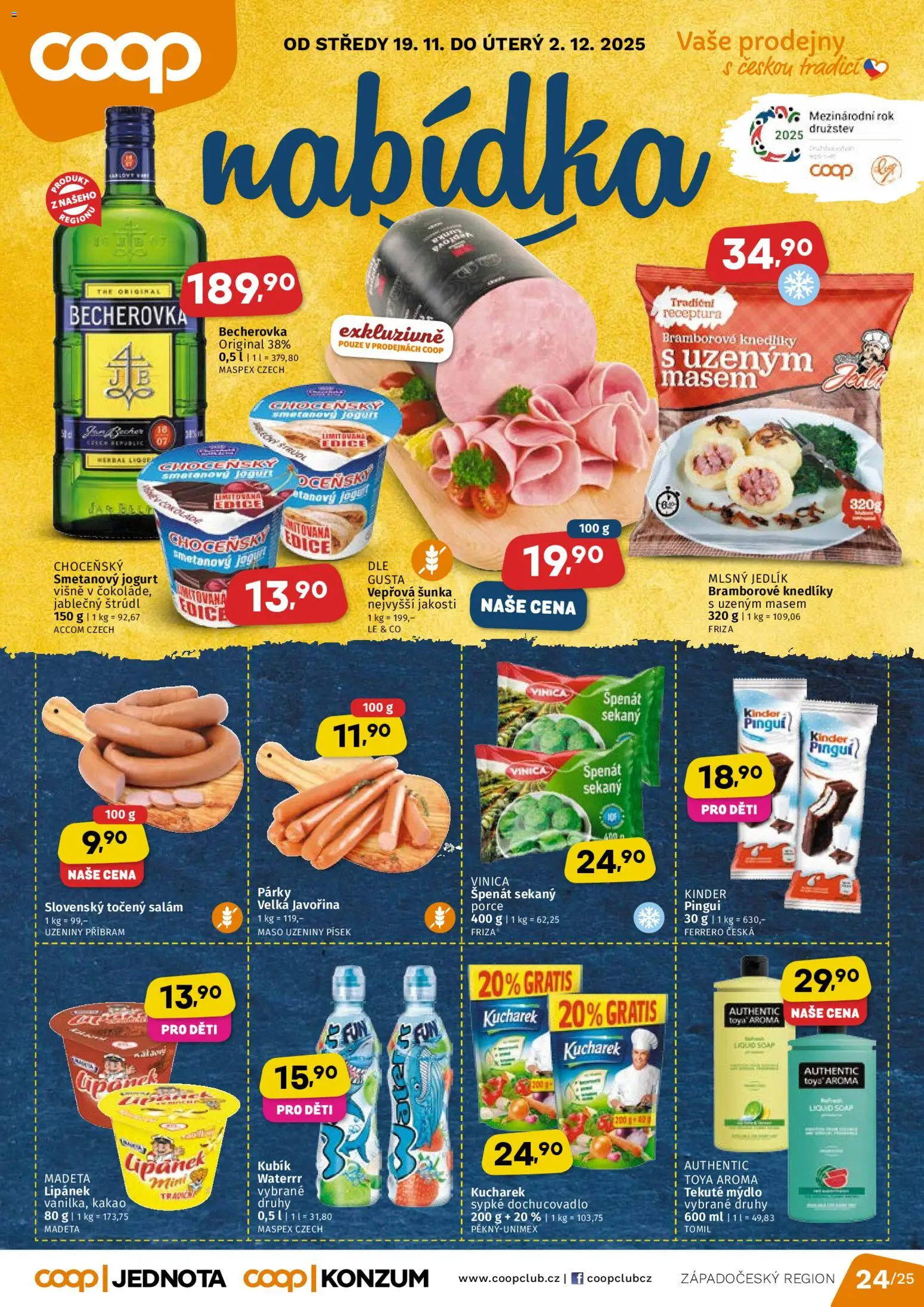 Coop leták od 19.11.2025 | Strana: 1 | Produkty: Lipánek, Jogurt, Salám, Točený salám