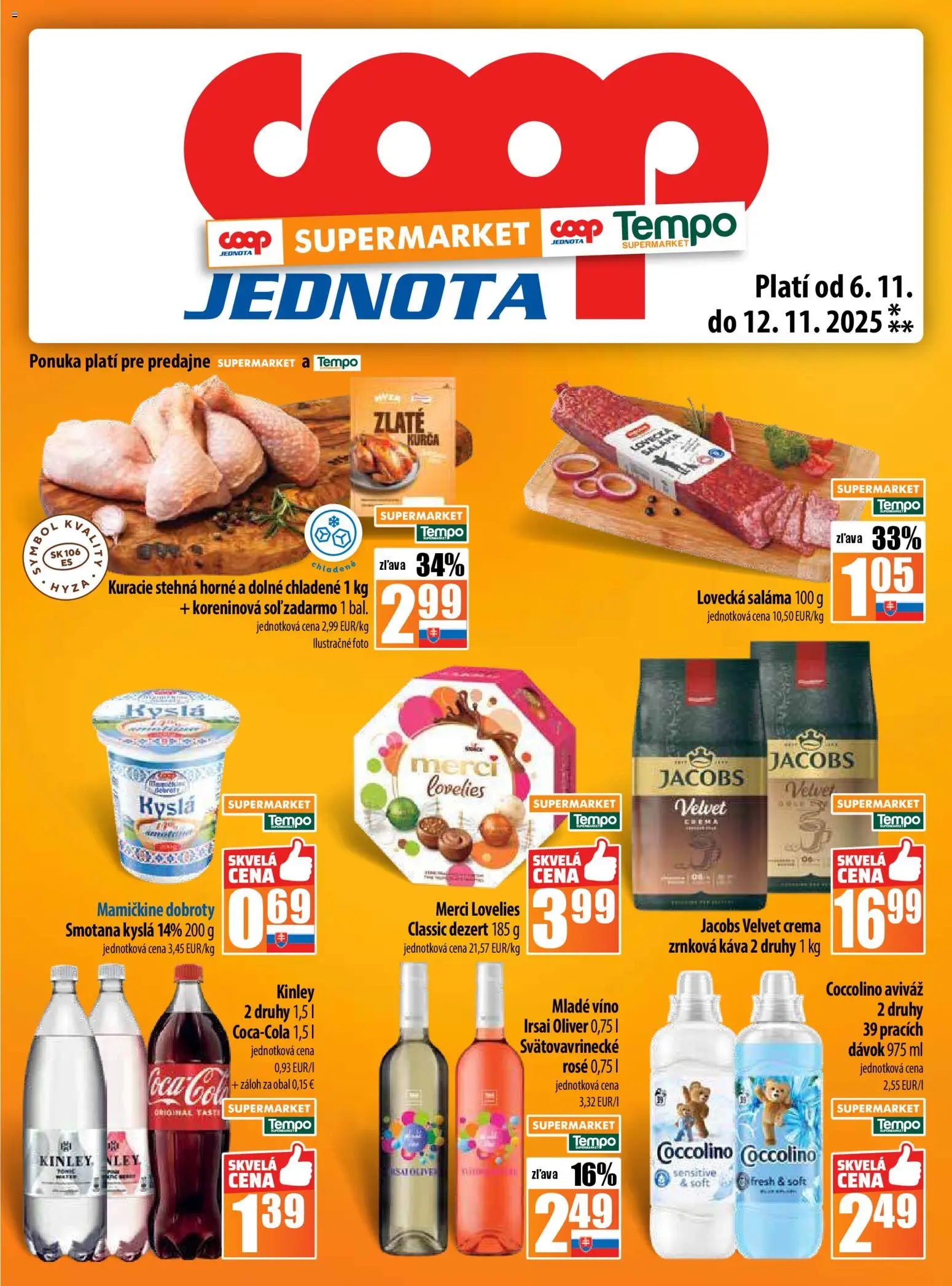 Nové COOP Jednota akcie – leták je platný od 06.11.2025 | Strana: 13 | Produkty: Saláma, Merci, Coccolino, Zrnková káva