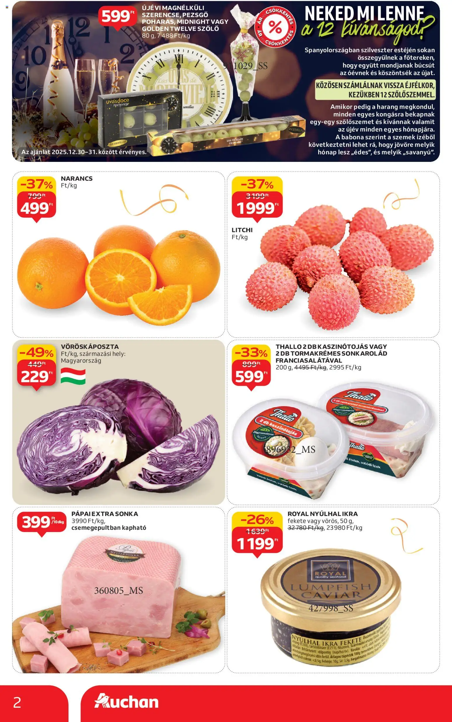 Auchan akciós ujság - amely érvényes a következő dátumtól: 27.12.2025 | Oldal: 2 | Termékek: Pezsgő, Sonka, Fehérje, Só