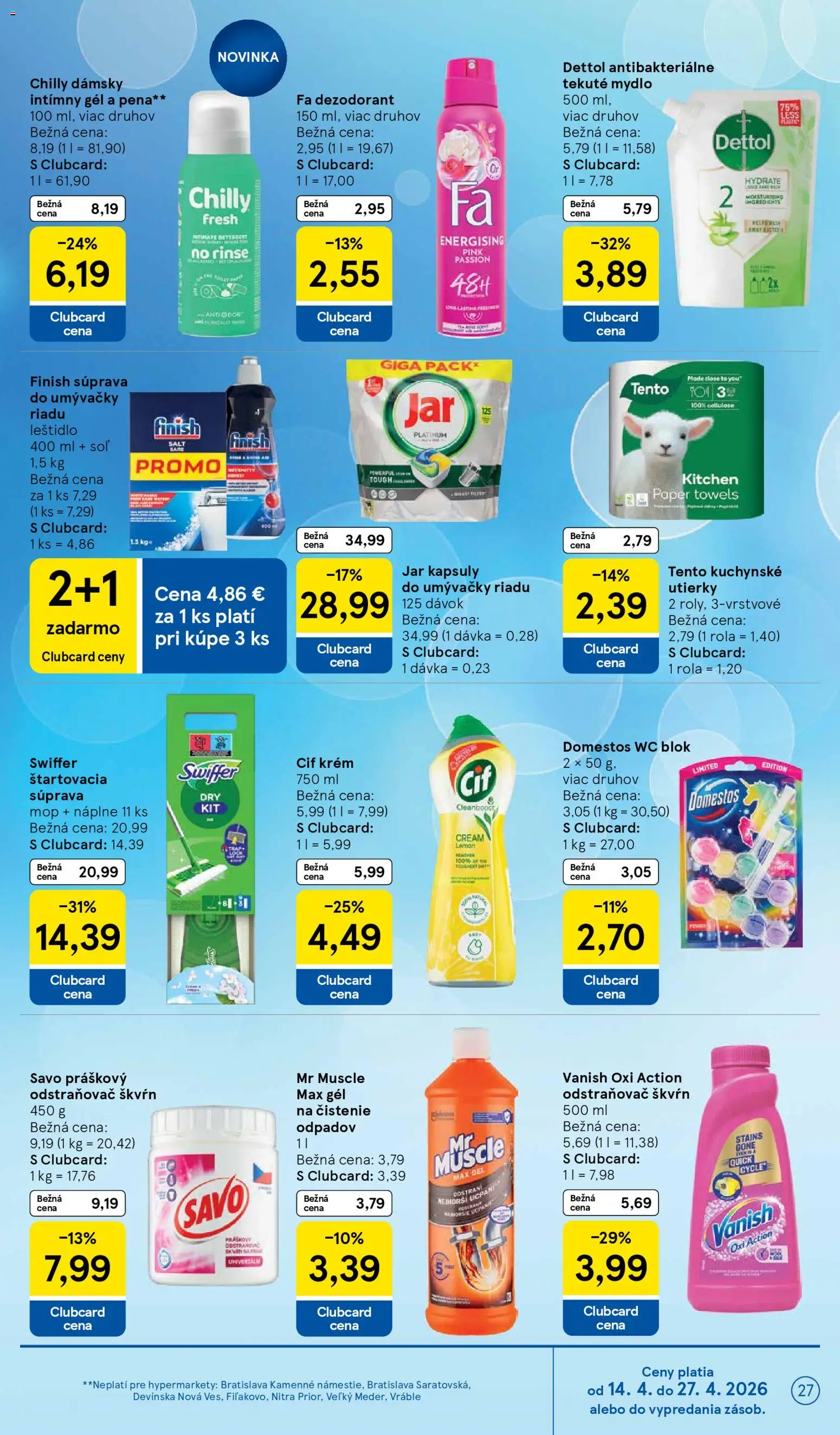 Nové Tesco akcie – leták je platný od 15.04.2026 | Strana: 27 | Produkty: Mydlo, Dezodorant, Kapsuly do umývačky riadu, Wc blok