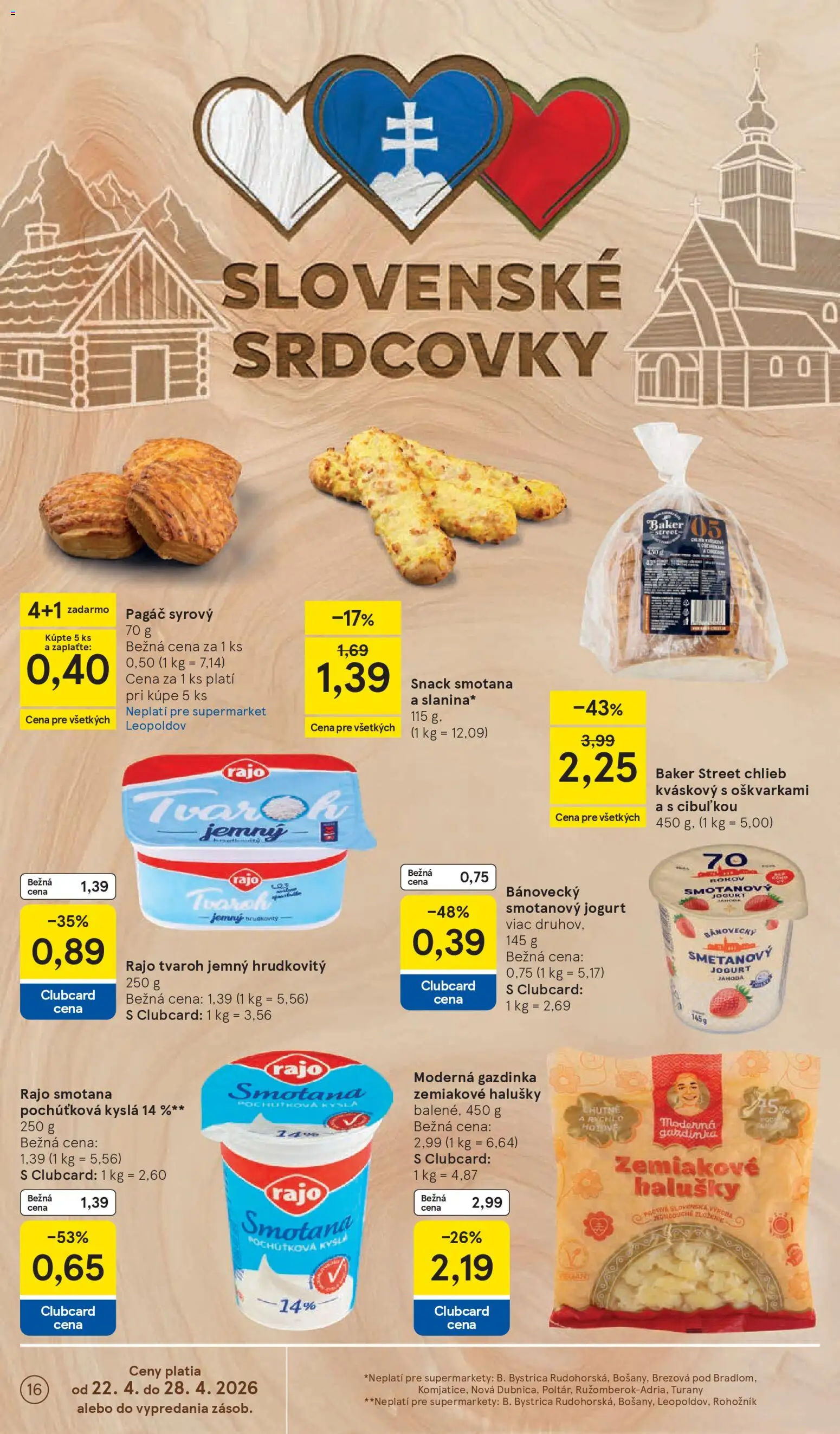Nové Tesco akcie – leták je platný od 22.04.2026 | Strana: 16 | Produkty: Jogurt, Chlieb, Smotana, Tvaroh