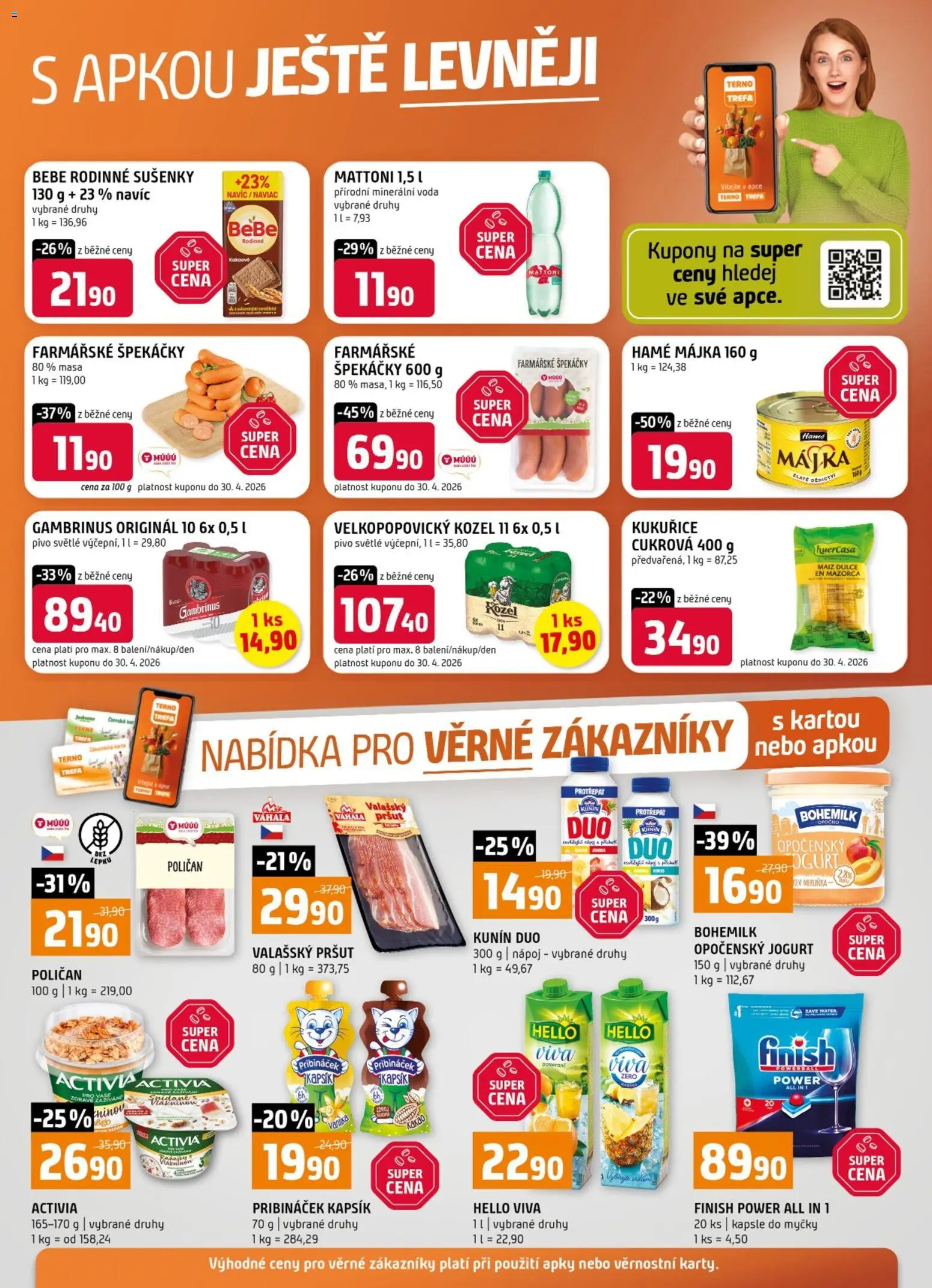 Terno leták - Nabídka pro věrné zákazníky od 22.04.2026 | Strana: 1 | Produkty: Voda, Pivo, Pribináček, Velkopopovický Kozel 11