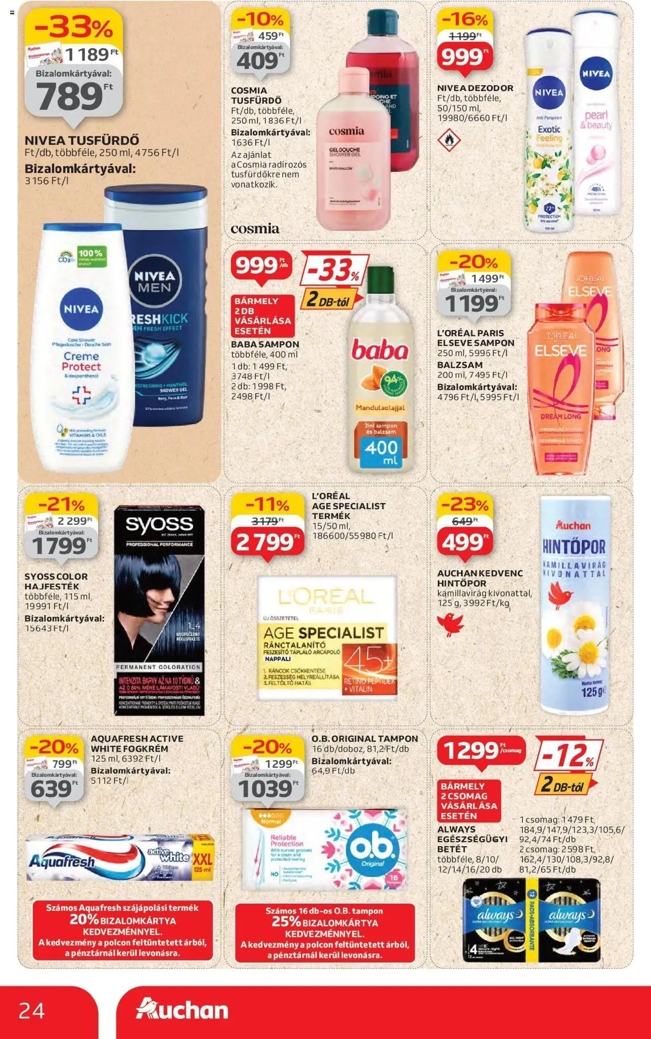 Auchan akciós ujság - amely érvényes a következő dátumtól: 19.06.2025 | Oldal: 24 | Termékek: Hajfesték, Sampon, Tusfürdő, Fogkrém