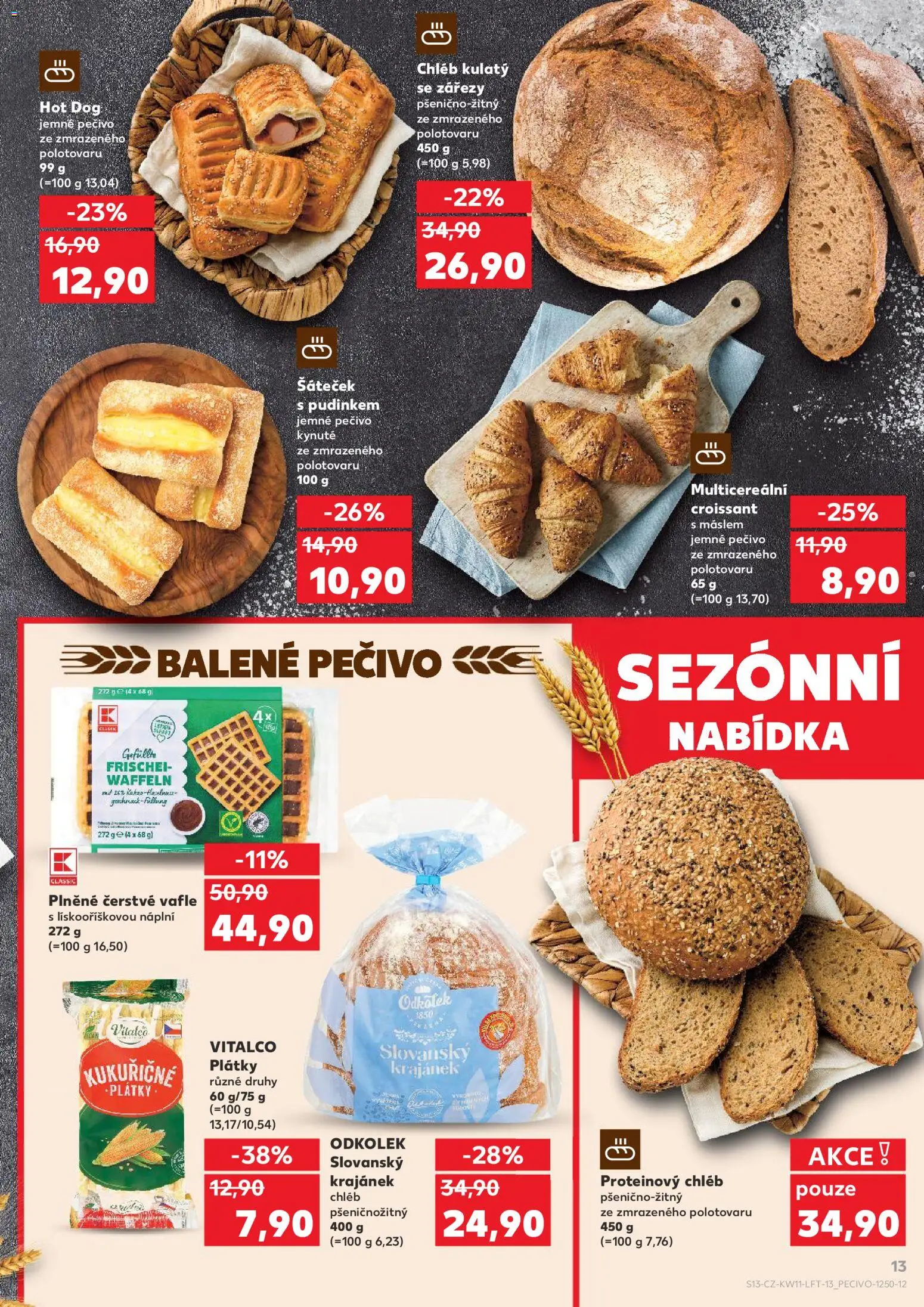Kaufland leták od 11.03.2026 | Strana: 13 | Produkty: Hot dog, Pečivo, Croissant, Proteinový chléb