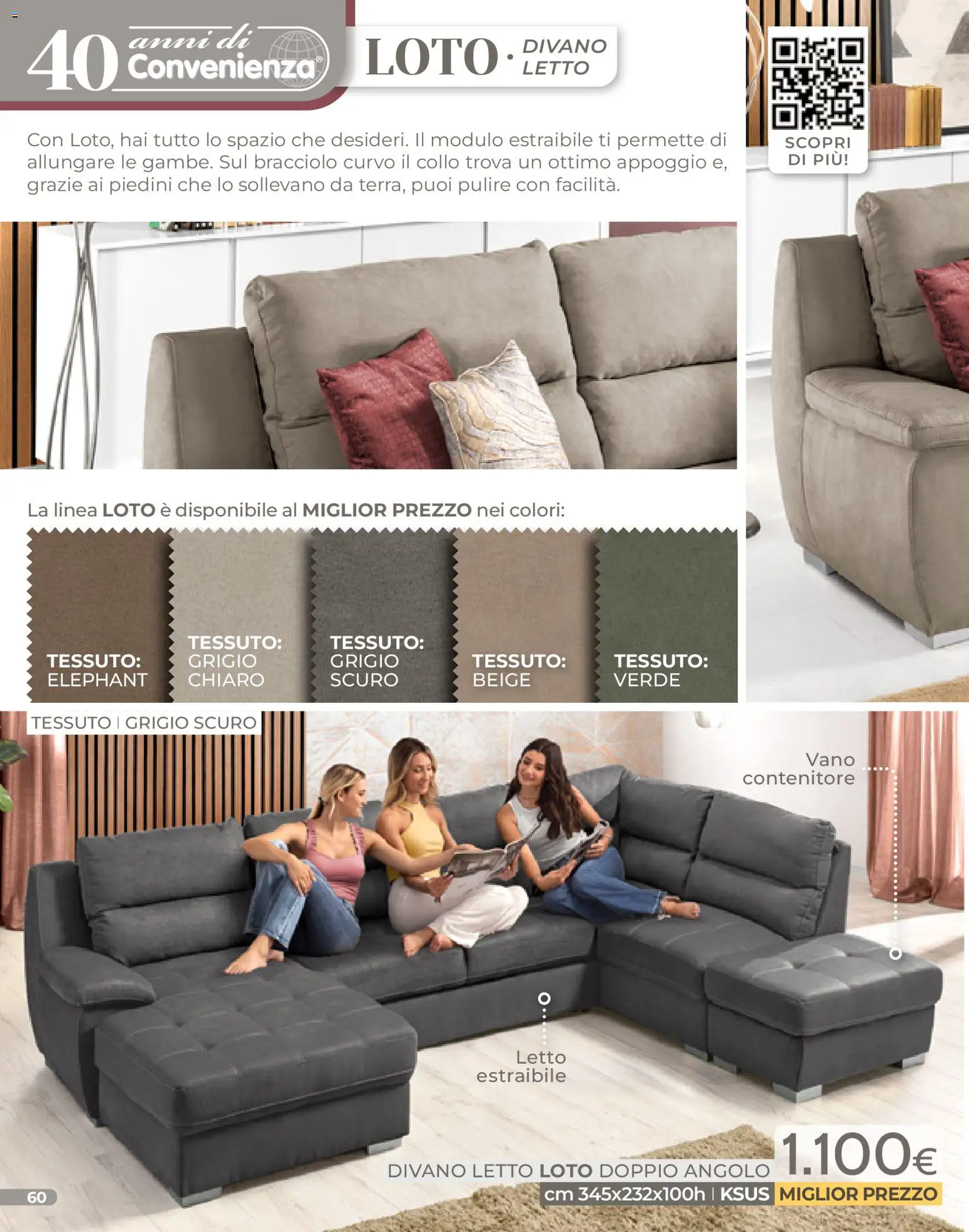 Volantino Mondo Convenienza del 04.01.2026 | Pagina: 60 | Prodotti: Divano letto, Contenitore, Letto, Divano