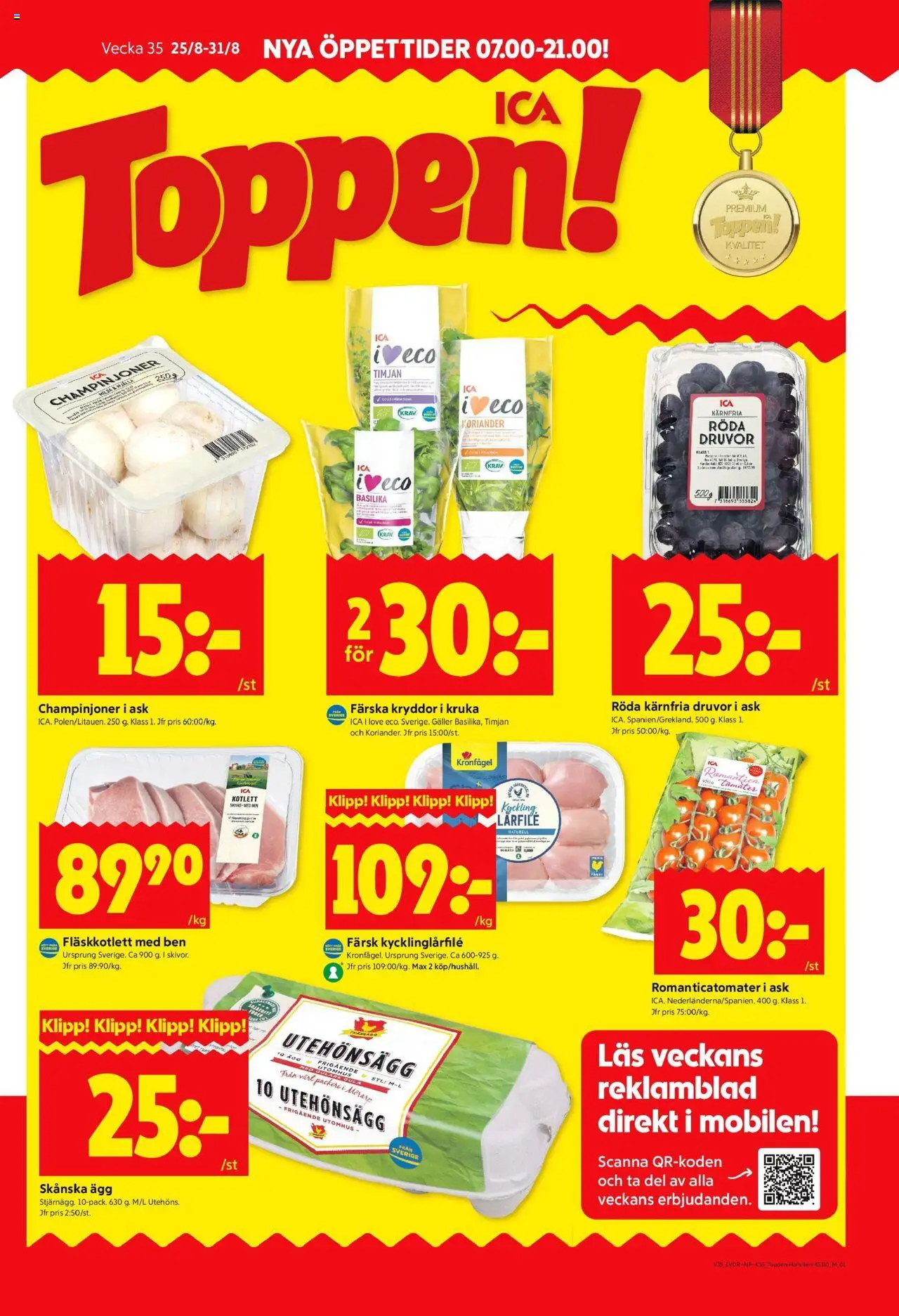 ICA Kvantum reklamblad aktuell från 25.08.2025 | Sida: 1 | Produkter: Timjan, Galler, Tomater, Basilika