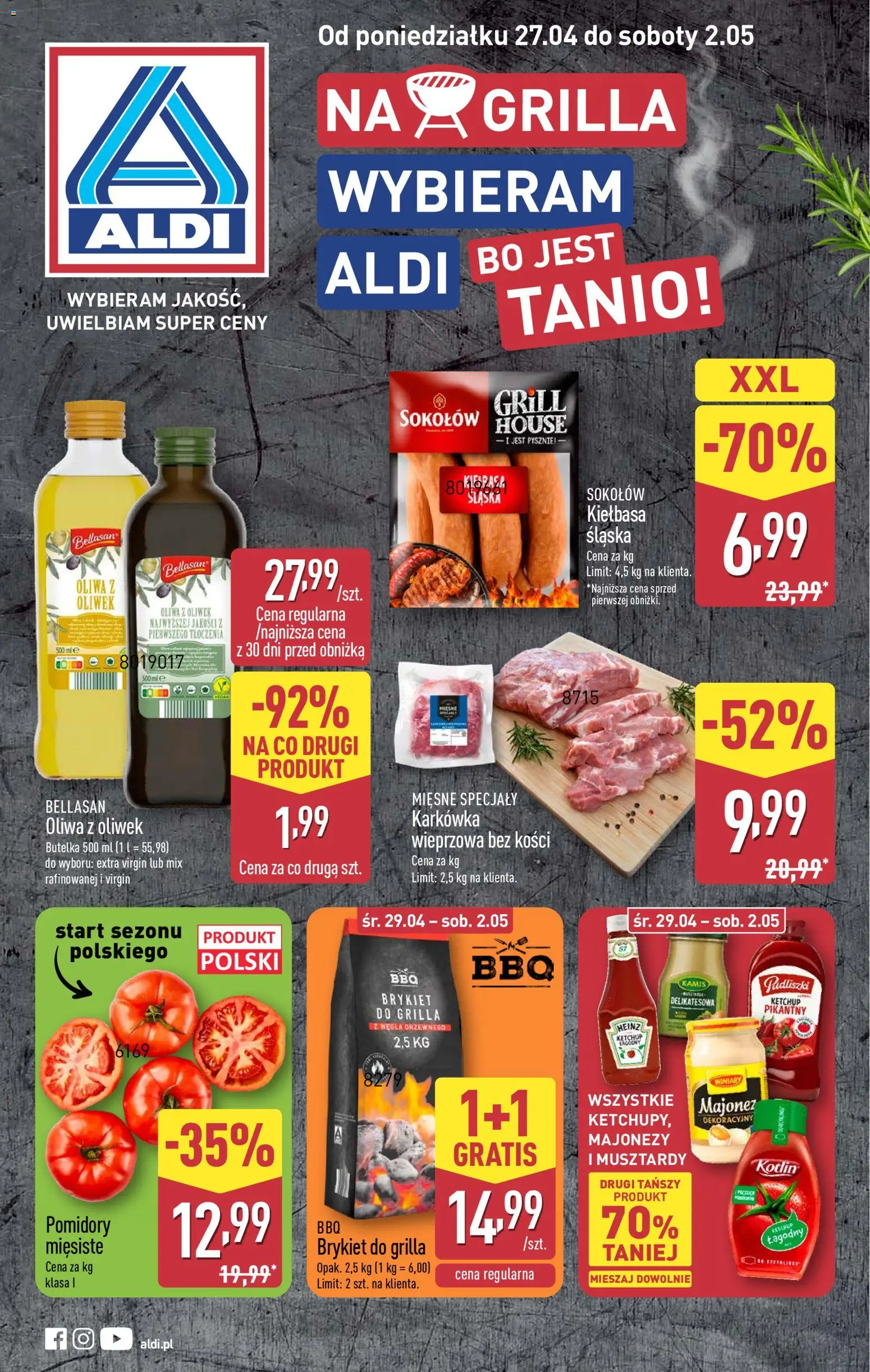 Aldi gazetka - Sezon na grill od 27.04.2026 | Strona: 1 | Produkty: Kiełbasa, Karkówka, Ketchup, Oliwa z oliwek