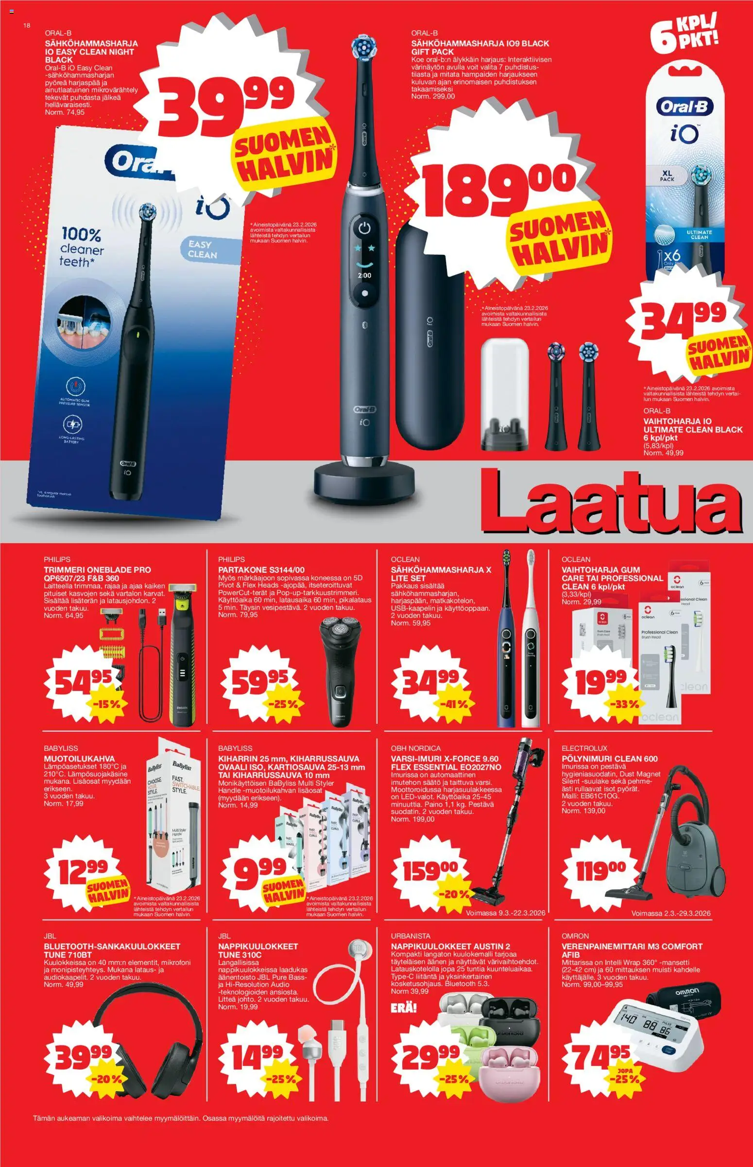 Tokmanni tarjoukset – voimassa 09.03.2026 alkaen | Sivu: 18 | Tuotteet: Varsi-imuri, Kiharrin, Sähköhammasharja, Partakone