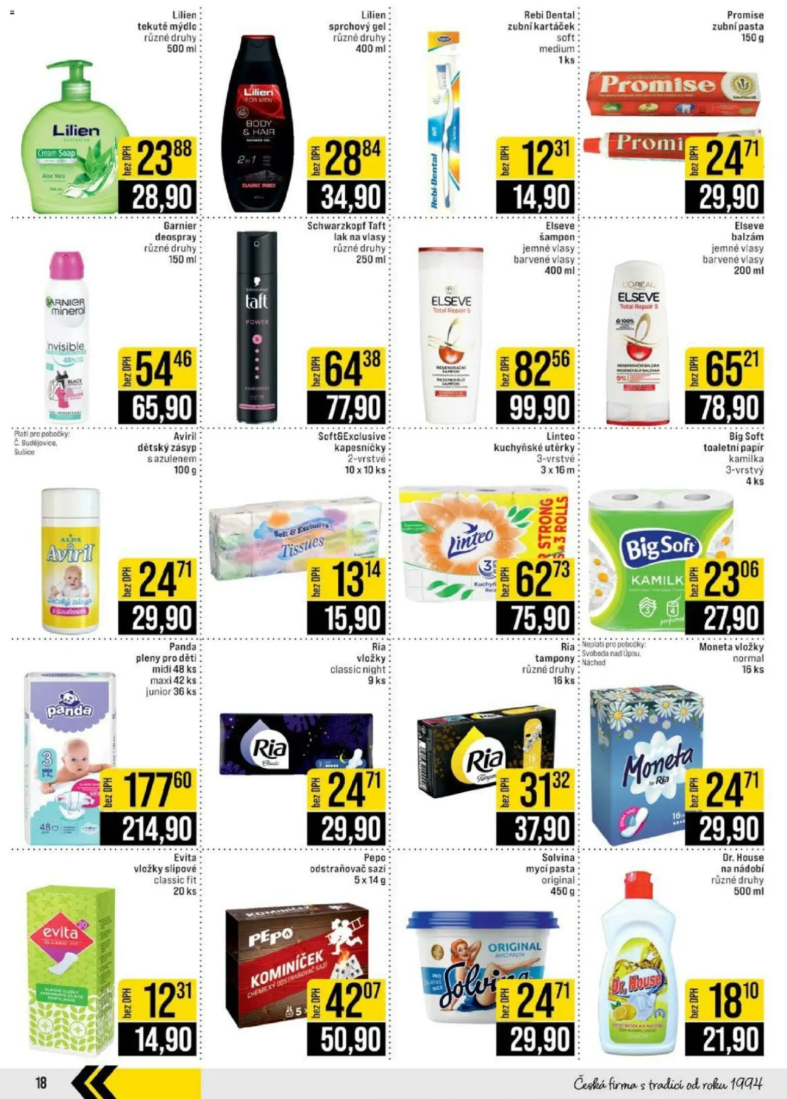 Jip leták - Cash & Carry od 08.04.2026 | Strana: 18 | Produkty: Mýdlo, Kuchyňské utěrky, Vložky, Pleny