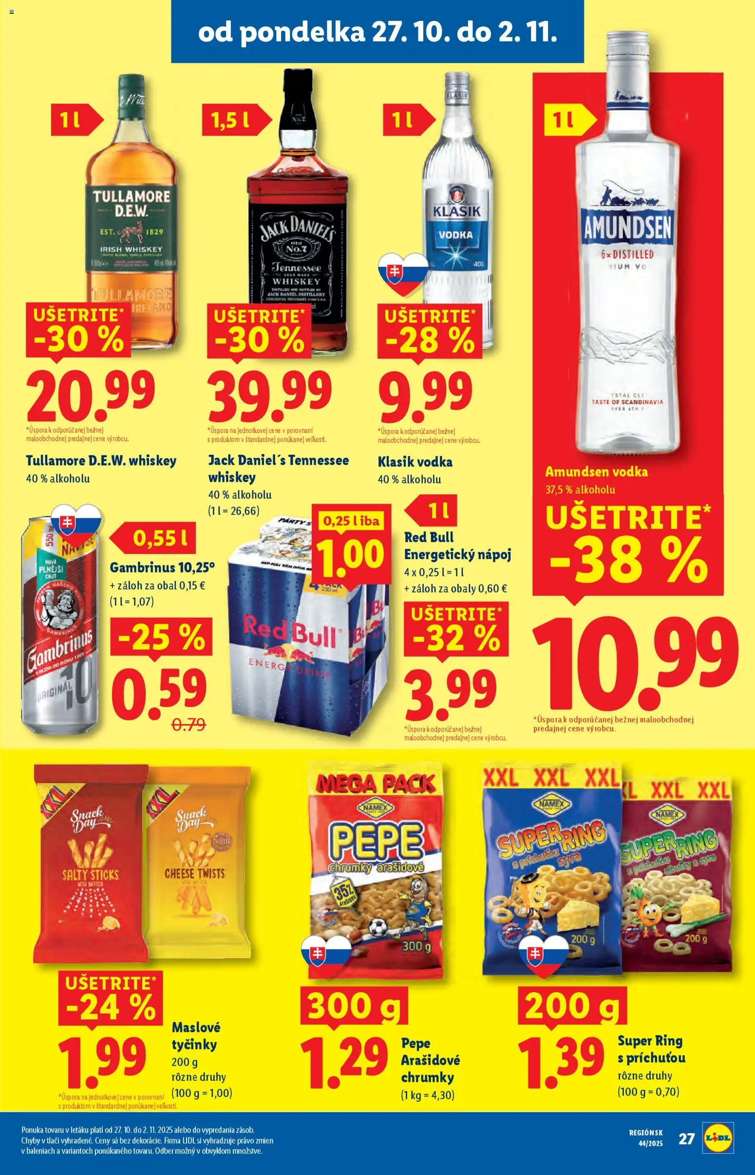 Nové Lidl akcie – leták je platný od 27.10.2025 | Strana: 31 | Produkty: Vodka, Gambrinus, Energetický nápoj, Jack Daniel's