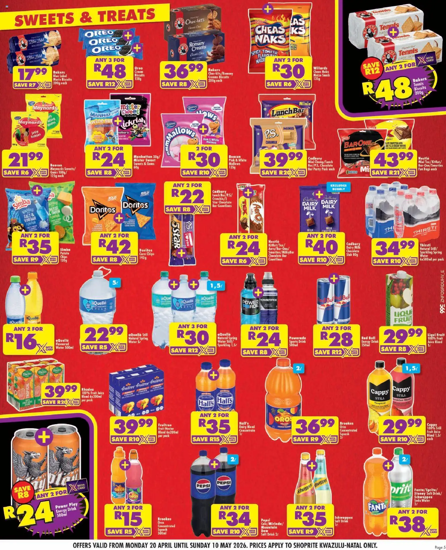 New Shoprite catalogue – valid from 20.04.2026 | Page: 5 | Products: Sweets, Cheese, Biscuits, Salt