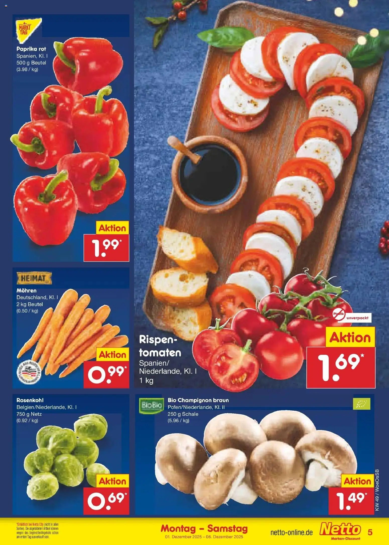 Netto Marken-Discount prospekt Gemmingen	 – gültig ab 01.12.2025 | Seite: 5 | Produkte: Paprika rot, Tomaten, Mohren, Paprika