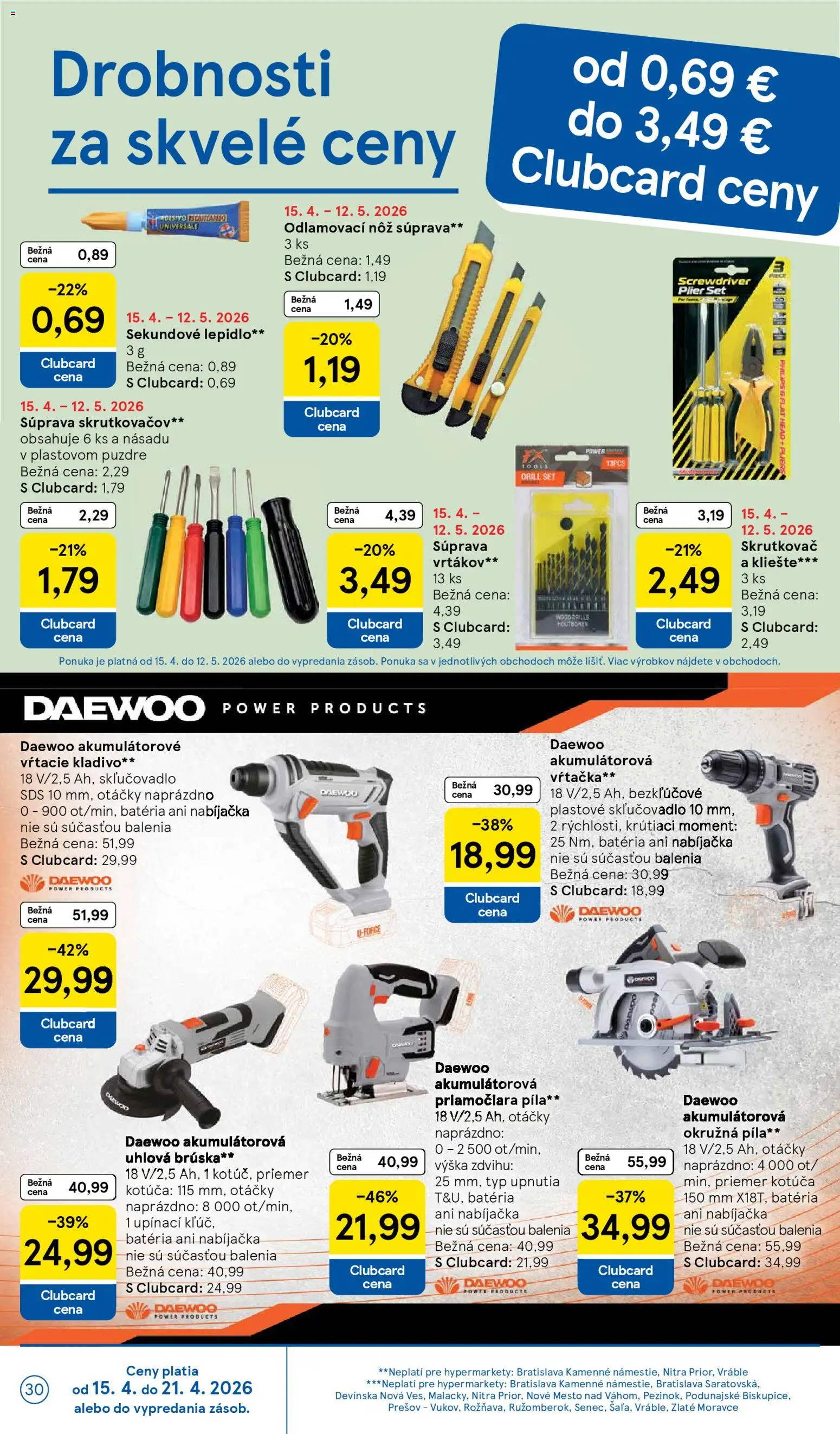 Nové Tesco akcie – leták je platný od 15.04.2026 | Strana: 30 | Produkty: Skrutkovač, Píla, Uhlová brúska, Nabíjačka