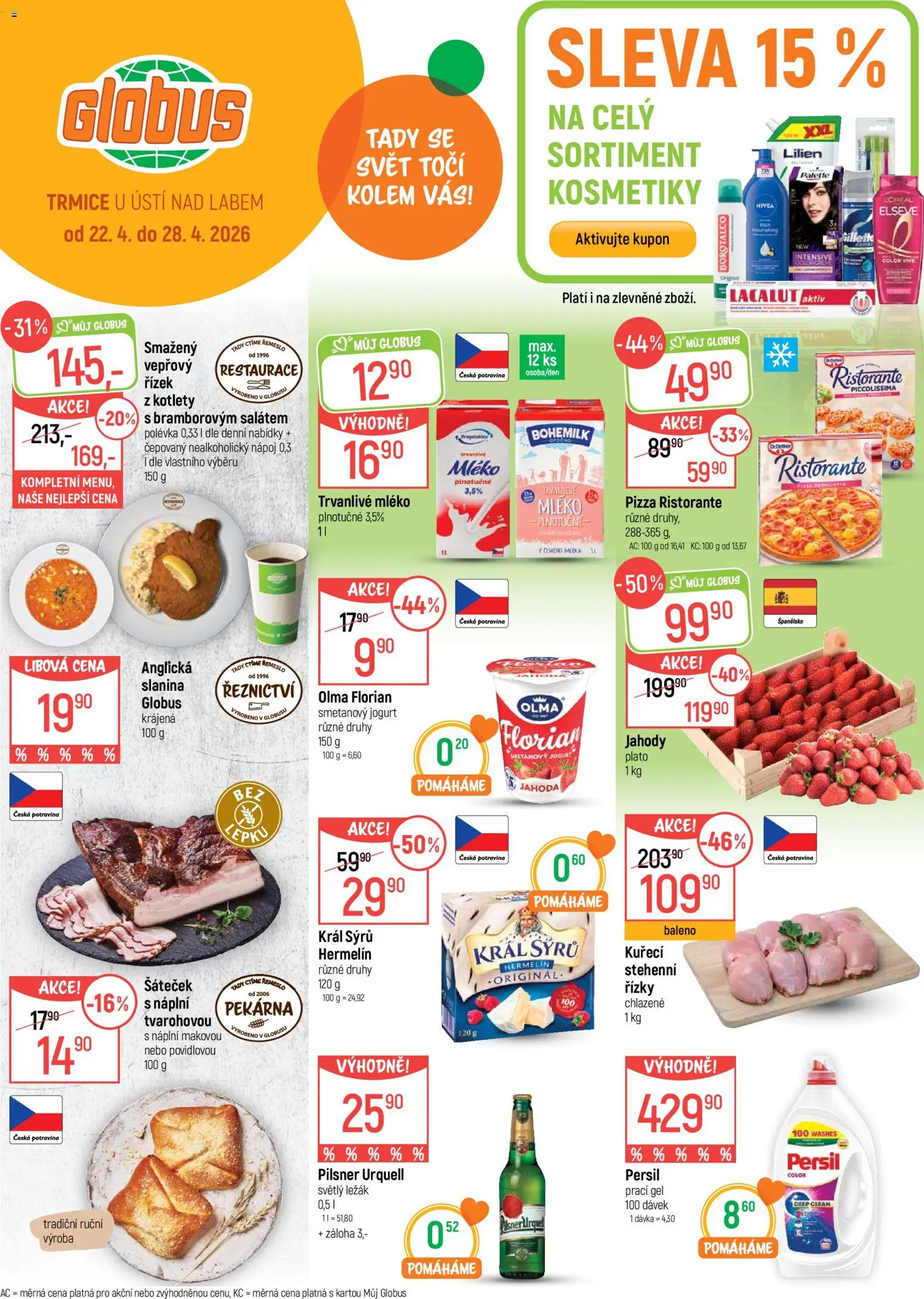 Globus leták - Trmice od 22.04.2026 | Strana: 1 | Produkty: Nivea, Jogurt, Hermelín, Slanina