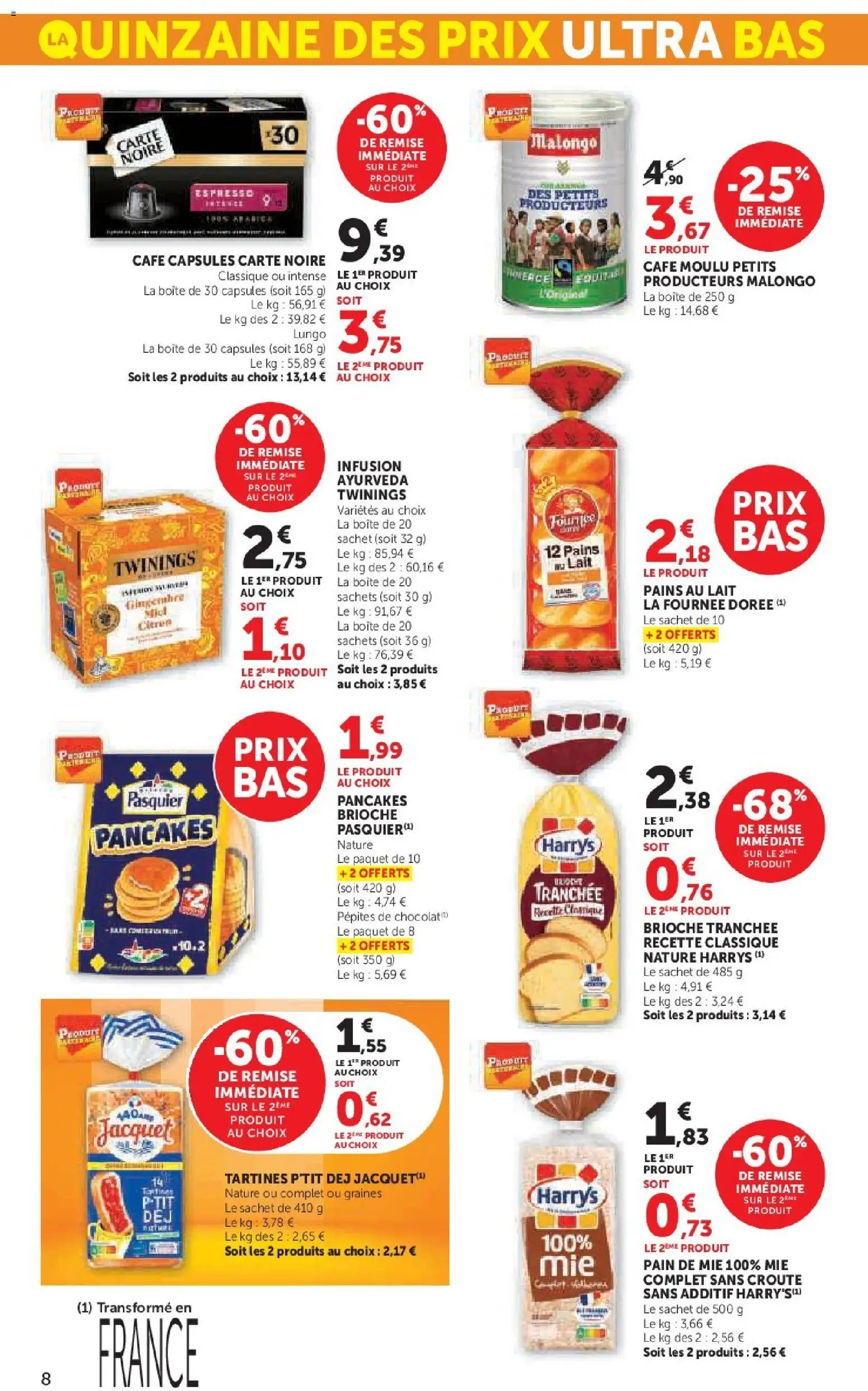 {H1} | Page: 8 | Produits: Malongo, Pains au lait, Infusion, Café moulu