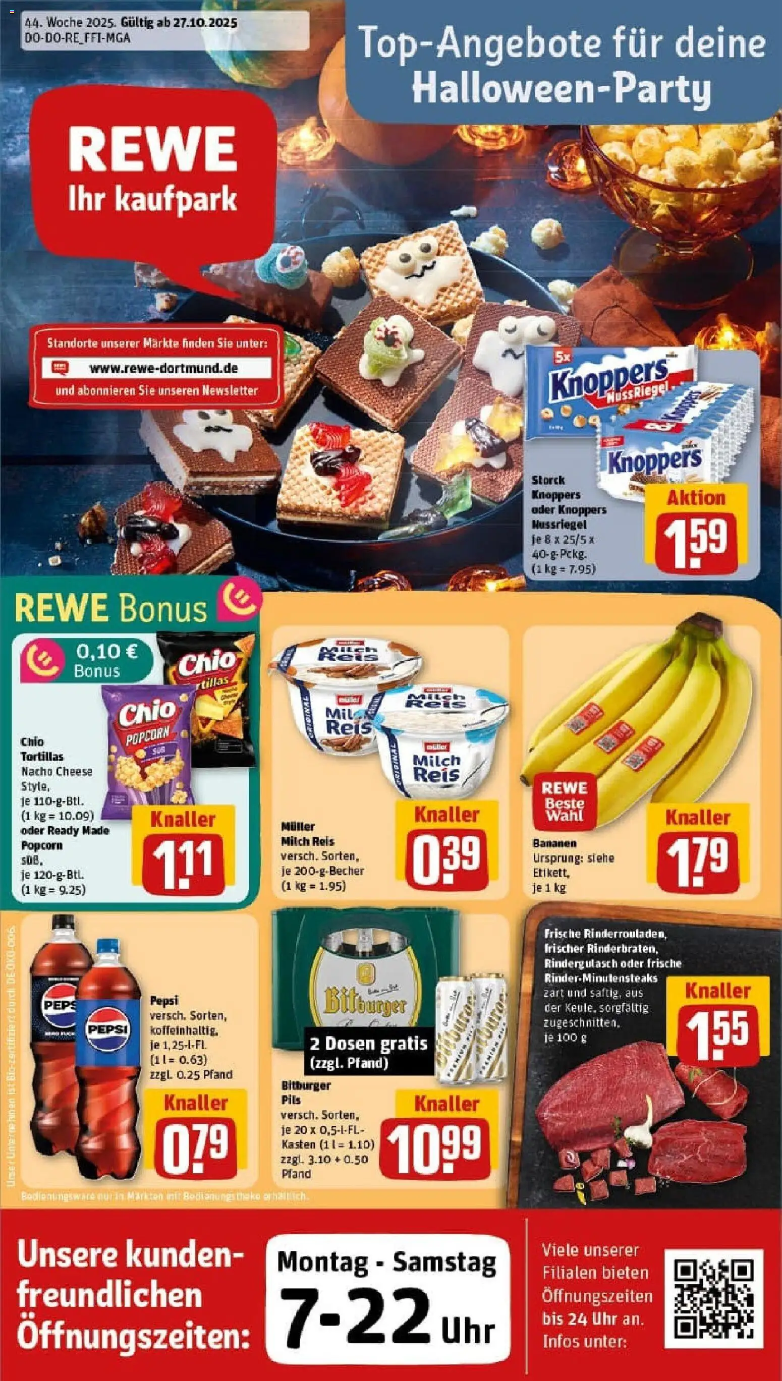 Rewe prospekt Bochum	 – gültig ab 26.10.2025 | Seite: 1 | Produkte: Rindergulasch, Bananen, Knoppers, Pepsi