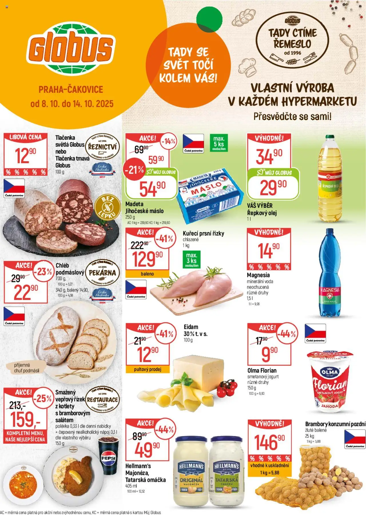 Globus leták od 08.10.2025 | Strana: 1 | Produkty: Voda, Olej, Řepkový olej, Majonéza