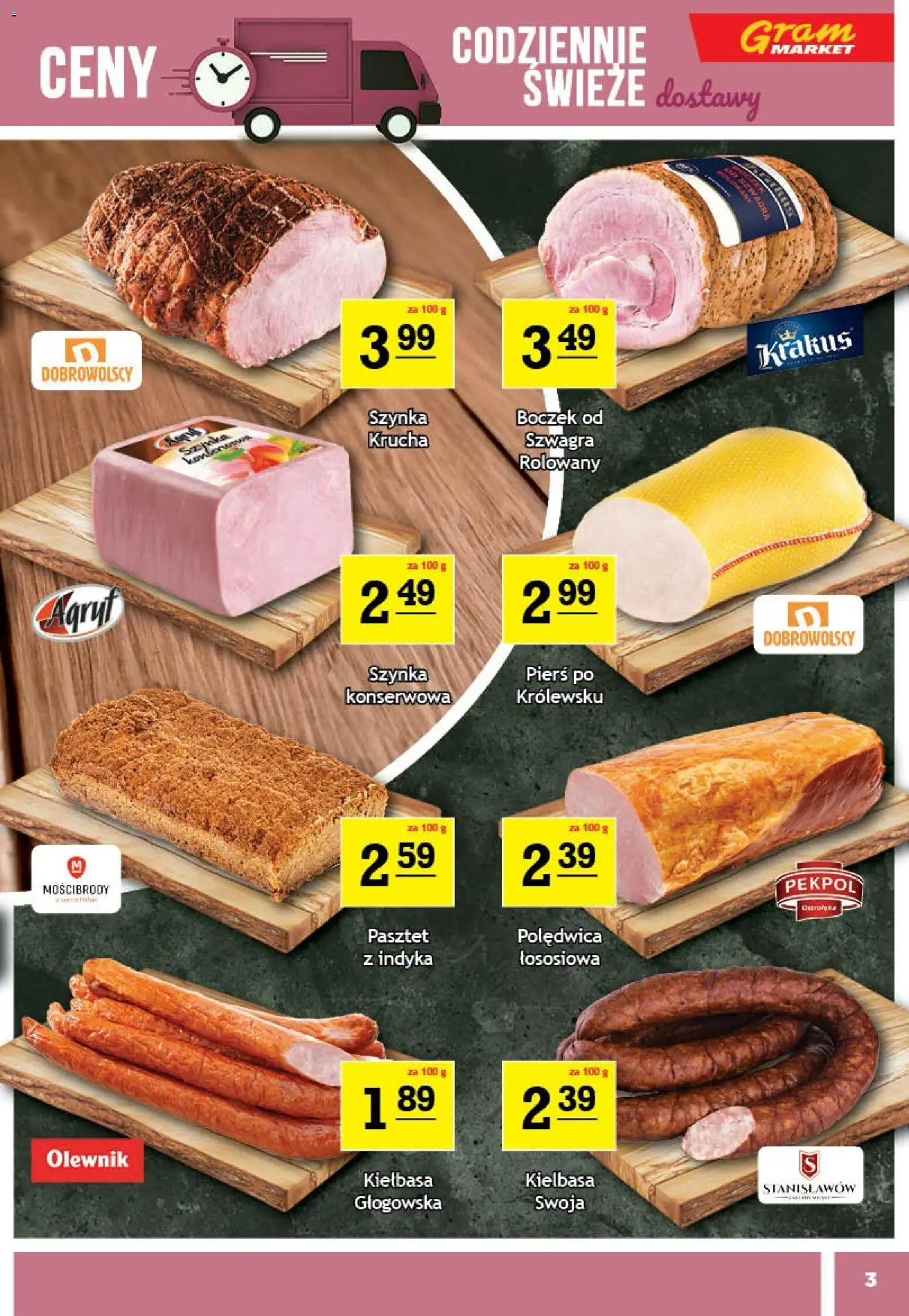 Gram Market Gazetka od 29.12.2025 | Strona: 3 | Produkty: Kiełbasa, Szynka, Polędwica z indyka, Boczek