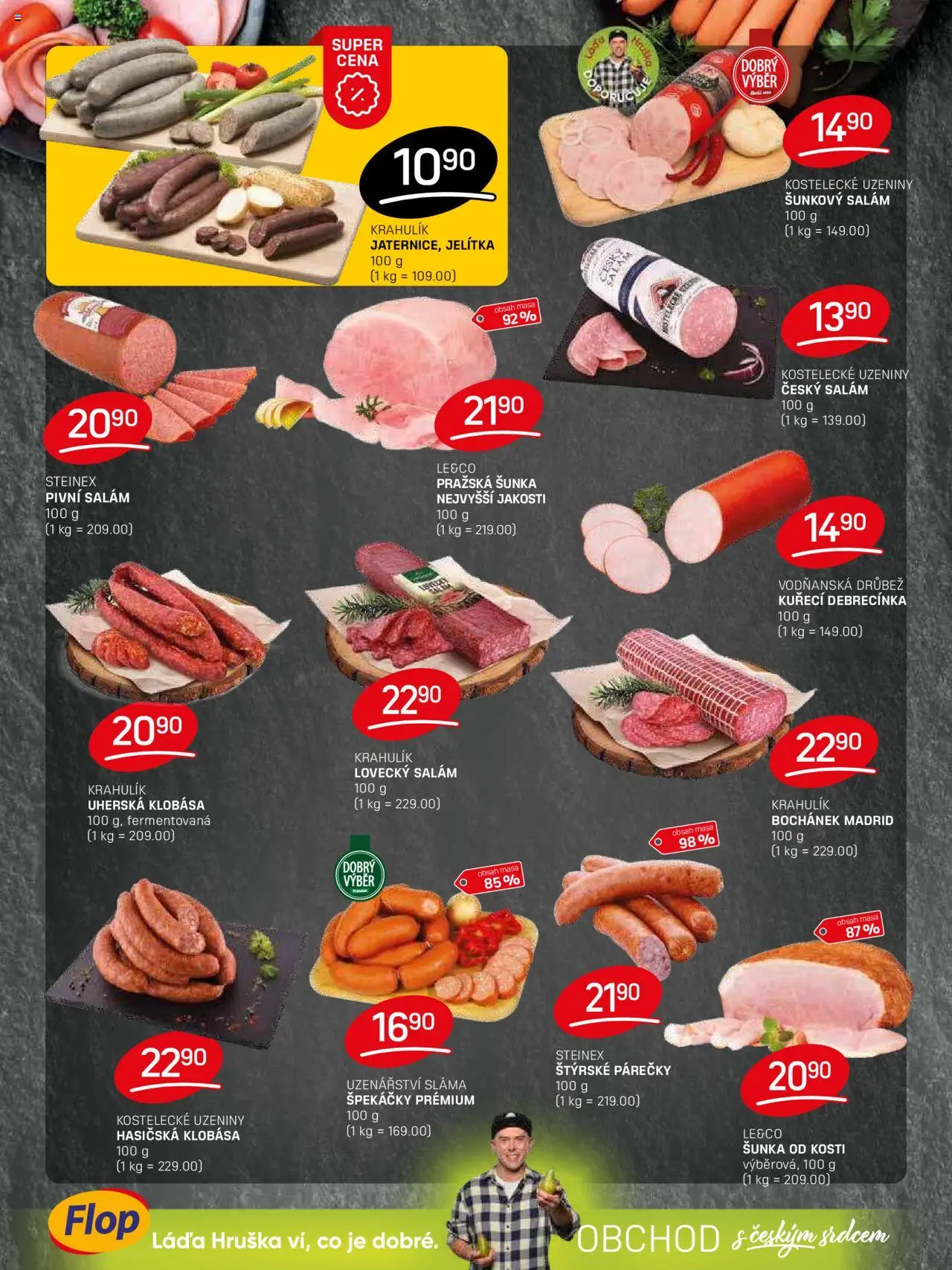 Flop leták od 08.10.2025 | Strana: 2 | Produkty: Šunka od kosti, Šunka, Kuřecí debrecínka, Klobása