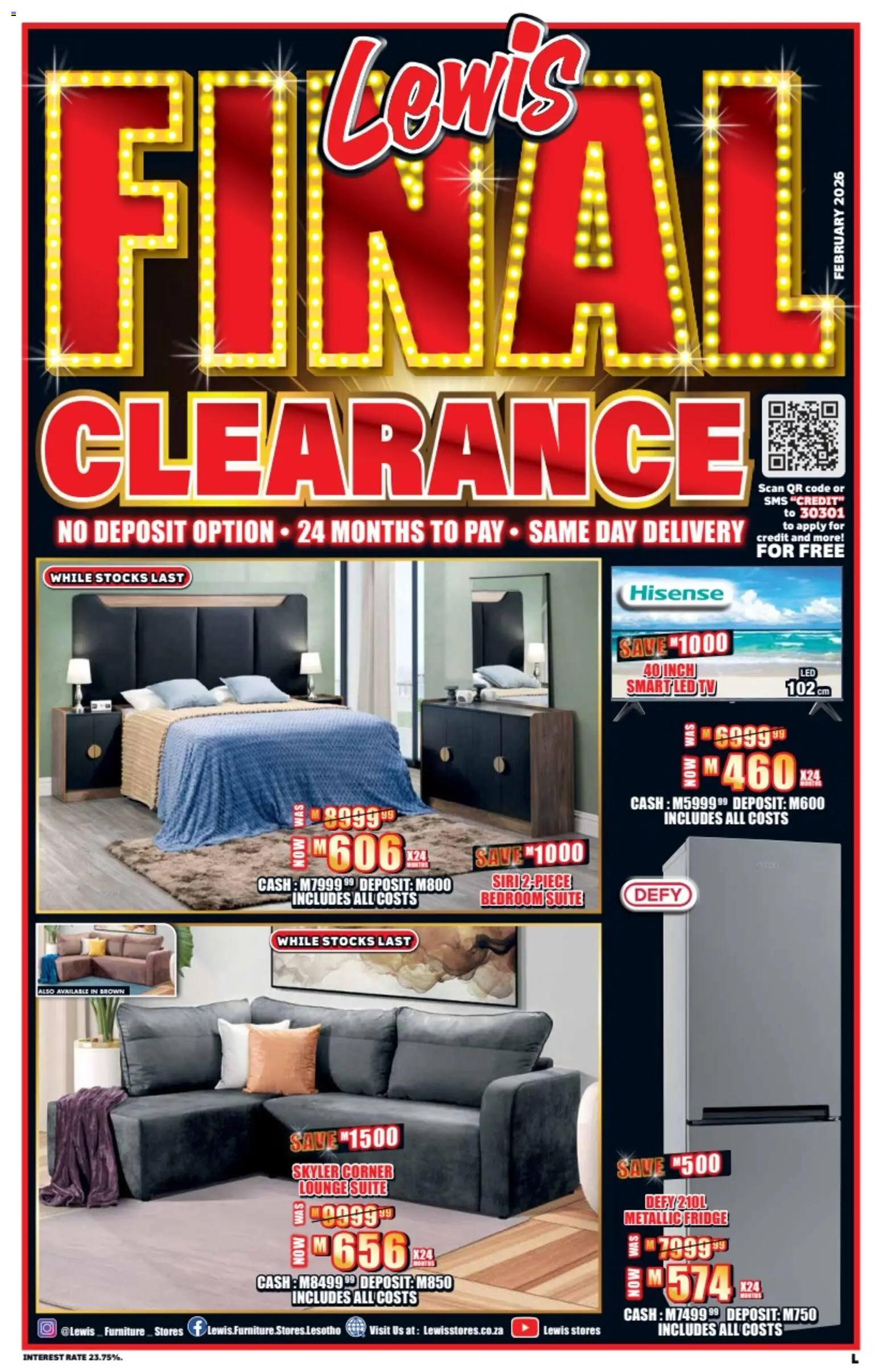 New Lewis Stores catalogue – valid from 23.02.2026 | Page: 1 | Products: TV, Fridge, Lounge suite