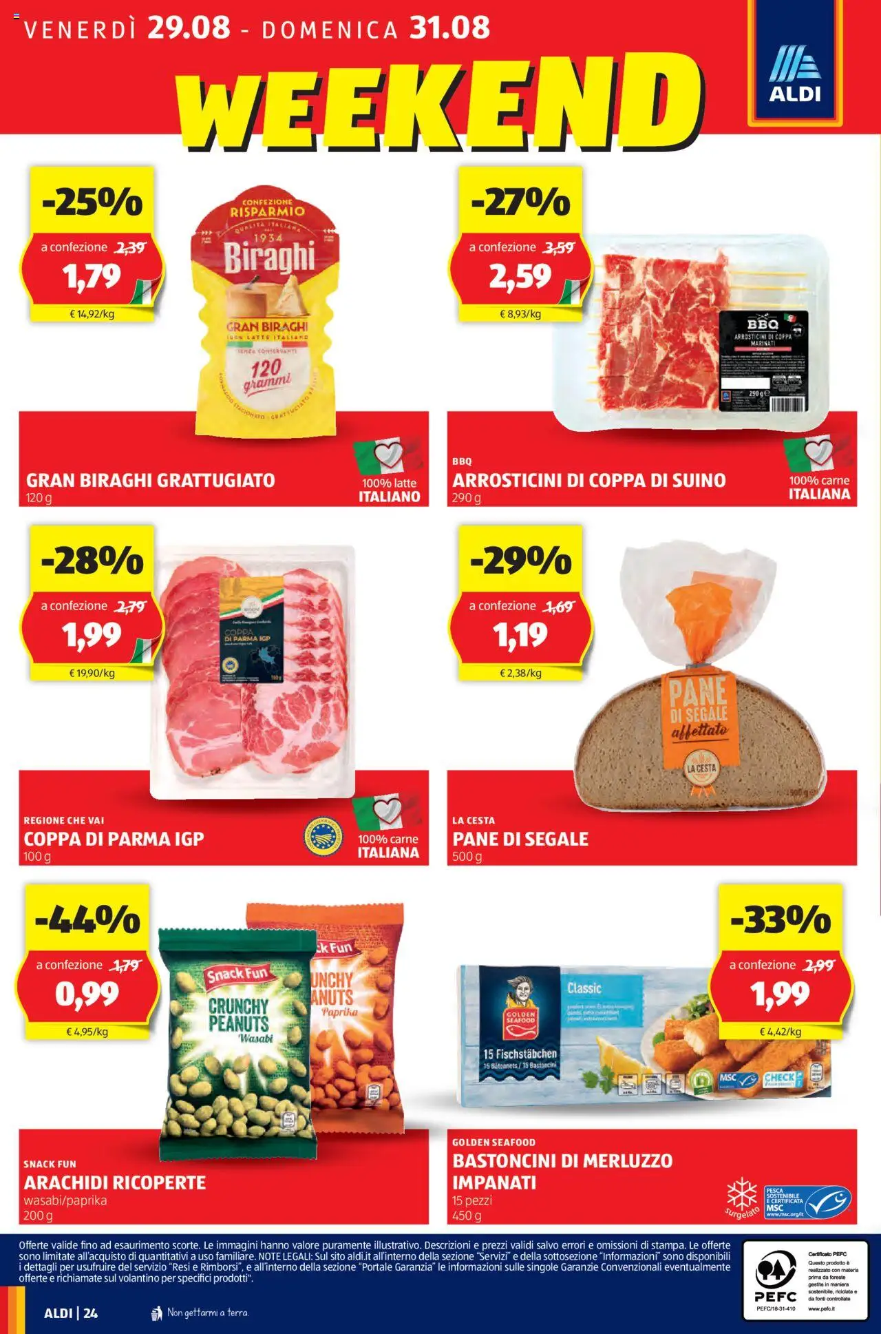 Volantino Aldi del 25.08.2025 | Pagina: 24 | Prodotti: Pane, Merluzzo, Latte, Pesca