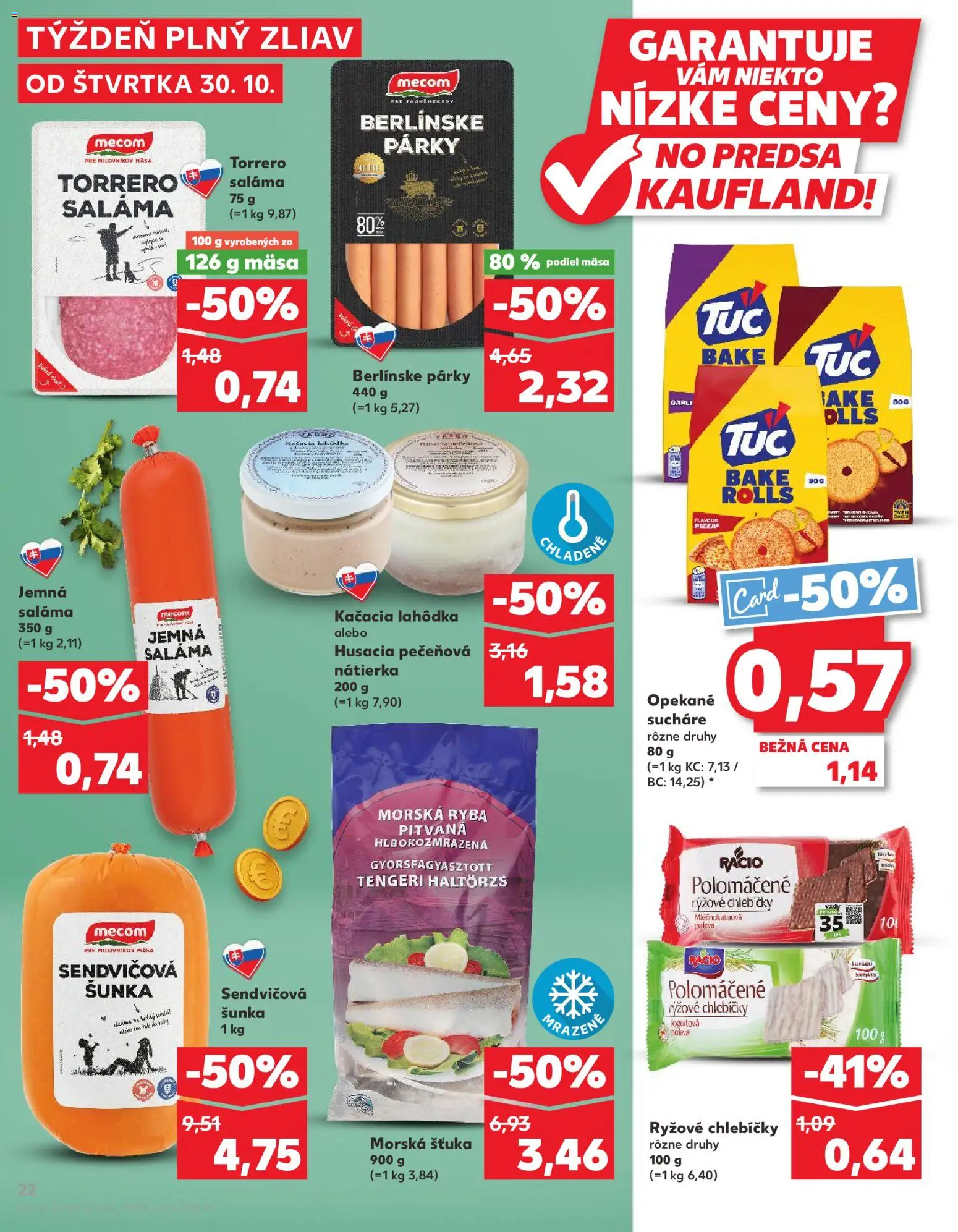 Nové Kaufland akcie – leták je platný od 30.10.2025 | Strana: 22 | Produkty: Saláma, Šunka, Ryba, Párky