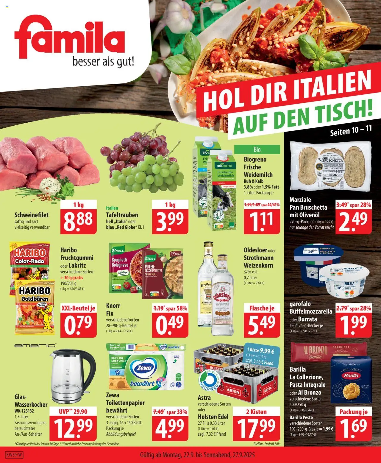 Famila Prospekt 	 – gültig ab 22.09.2025 | Seite: 1 | Produkte: Barilla, Holsten, Schweinefilet, Toilettenpapier