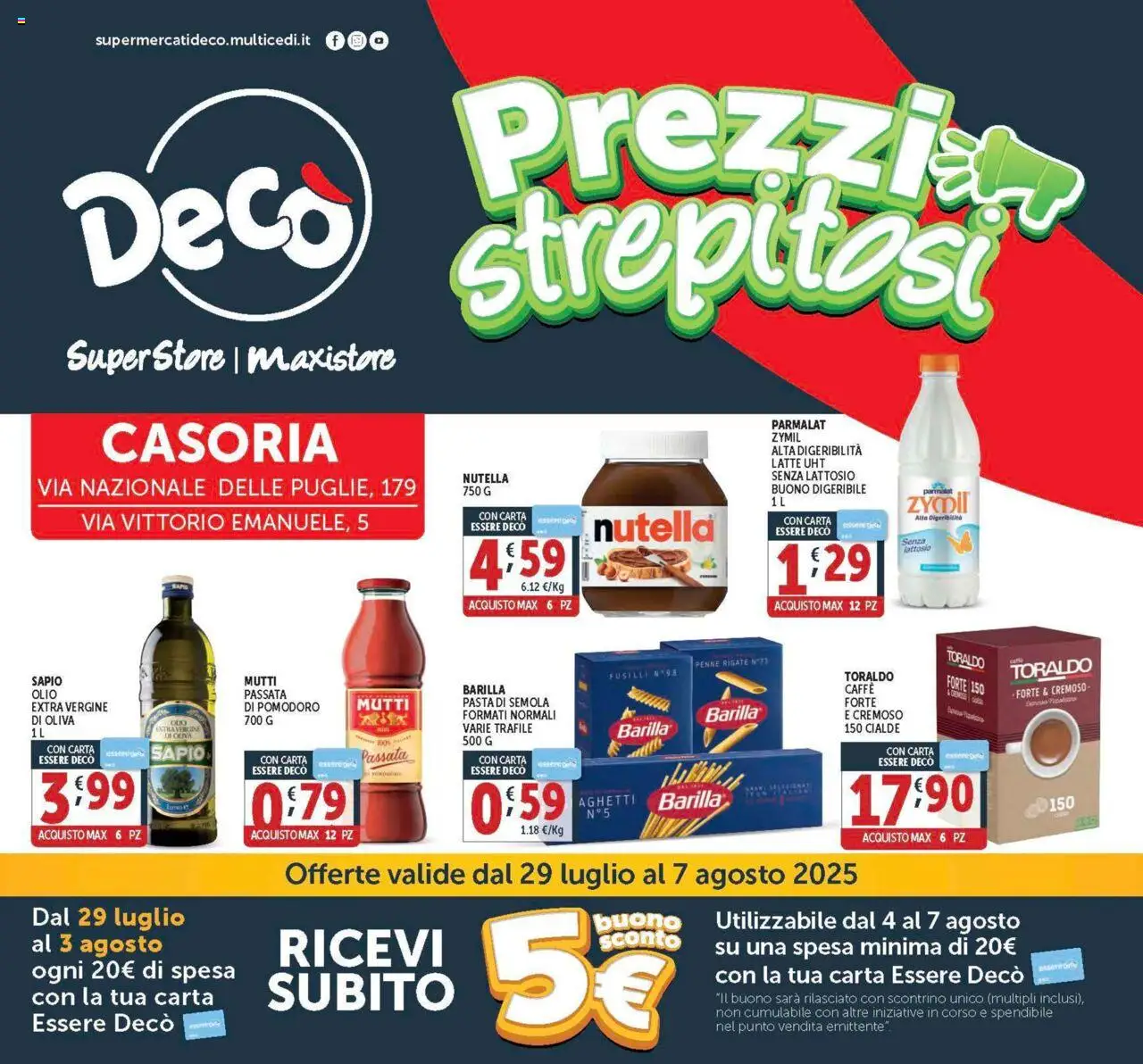 Volantino Decò del 29.07.2025 | Pagina: 1 | Prodotti: Caffè, Olio, Nutella, Mutti