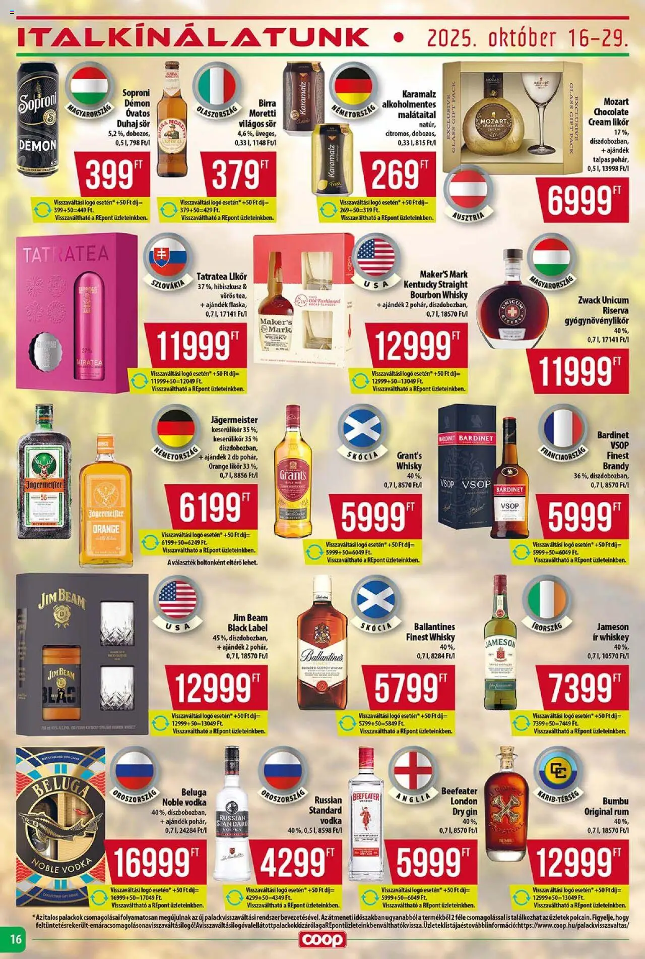 COOP akciós ujság - amely érvényes a következő dátumtól: 16.10.2025 | Oldal: 16 | Termékek: Sör, Bourbon whisky, Likőr, Whisky