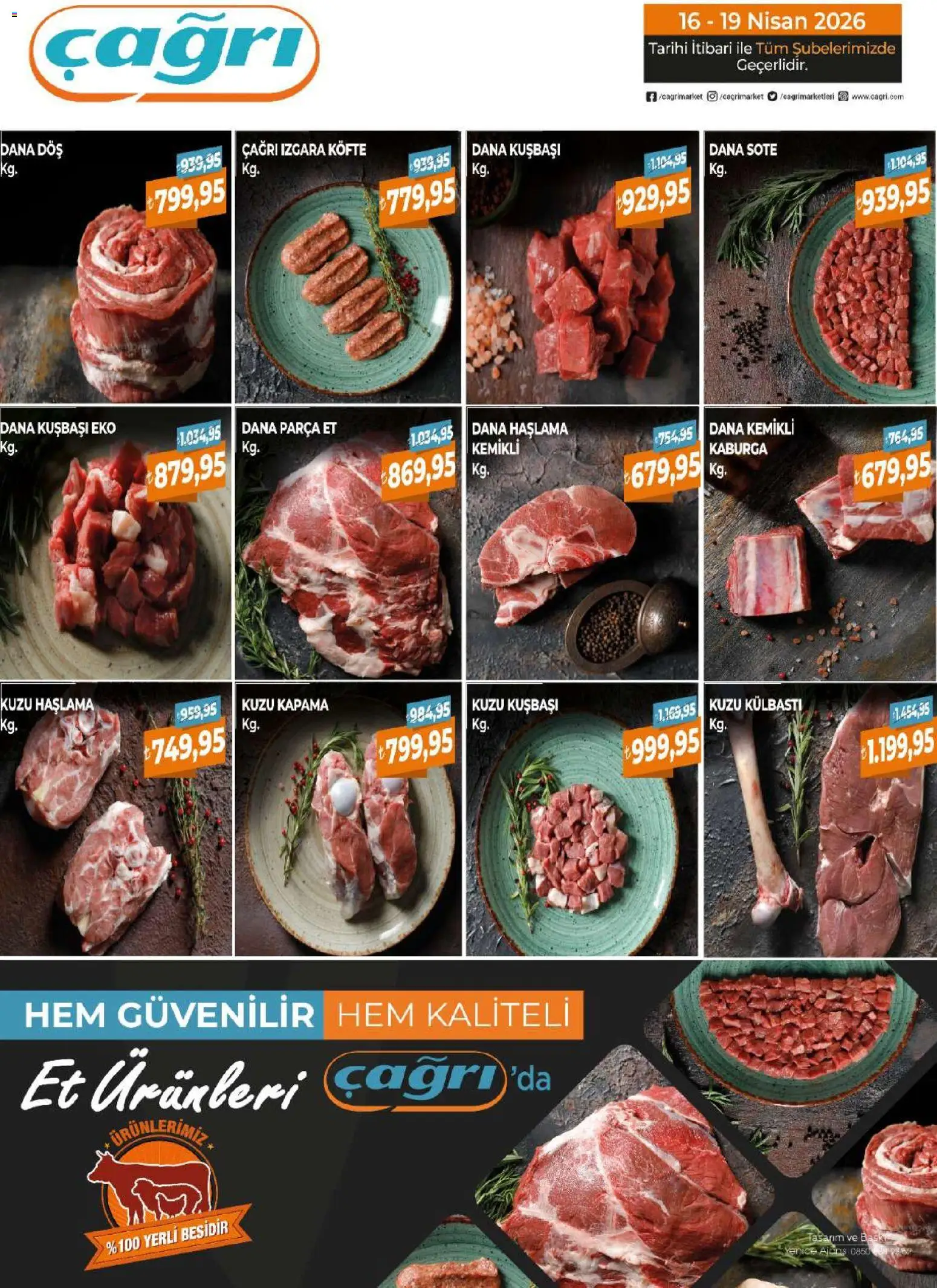 Çağrı Market - Kasap Katalog - 16.04.2026 tarihinden itibaren geçerlidir | Sayfa: 1 | Ürünler: Baskı, Dana kuşbaşı, Izgara köfte, Izgara