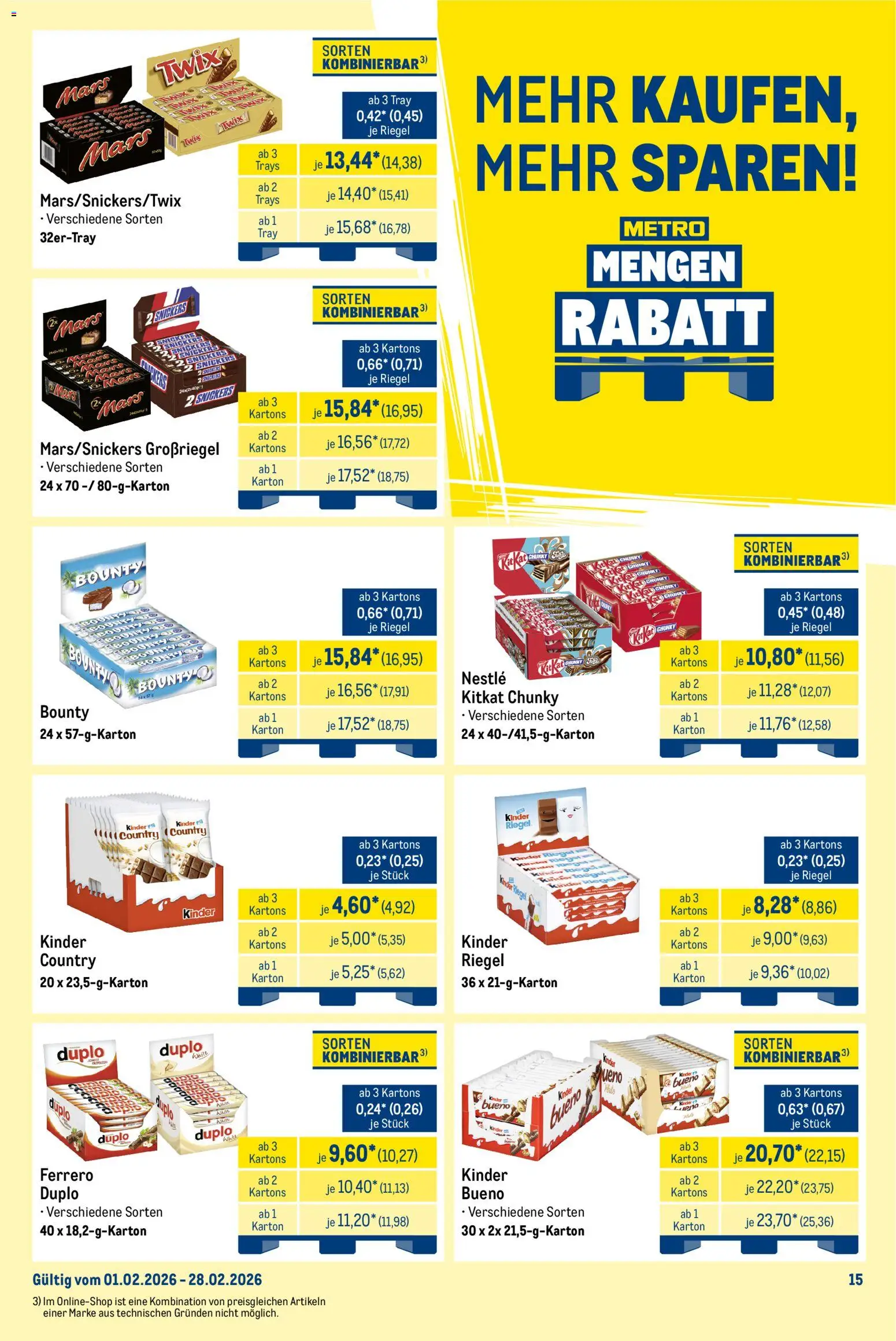 Metro  Monats-Mix – gültig ab 01.02.2026 | Seite: 15 | Produkte: Kinder riegel, Mars, Twix, Kinder country