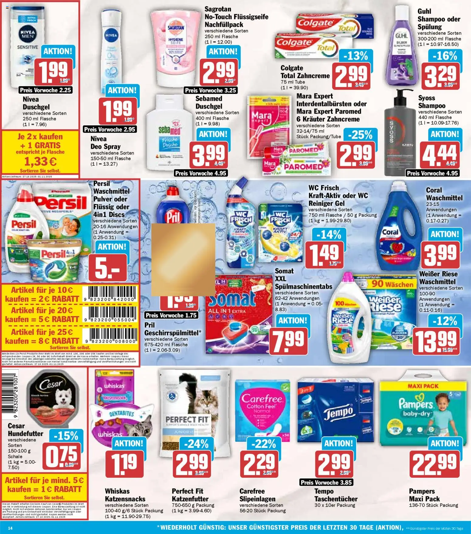 HIT - Bayern – gültig ab 27.10.2025 | Seite: 14 | Produkte: Pampers, Duschgel, Spülmaschinentabs, Tempo