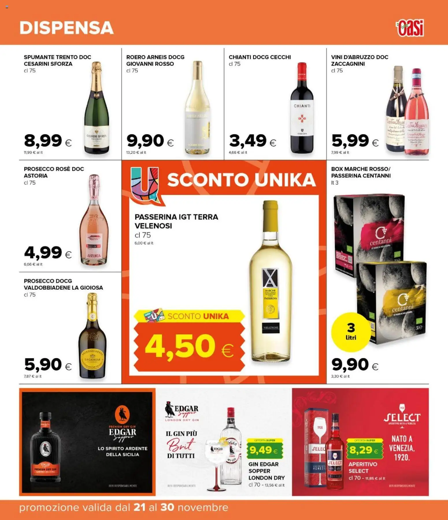 Volantino Oasi del 21.11.2025 | Pagina: 33 | Prodotti: Gin, Prosecco, Spumante, Terra