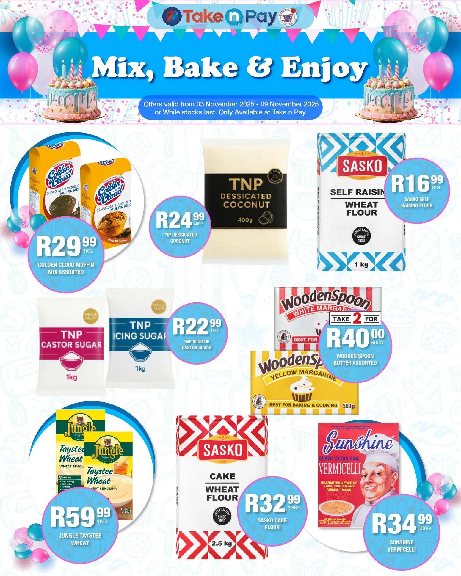 New Take n Pay catalogue – valid from 03.11.2025 | Page: 3 | Products: Cake, Flour, Butter, Fish