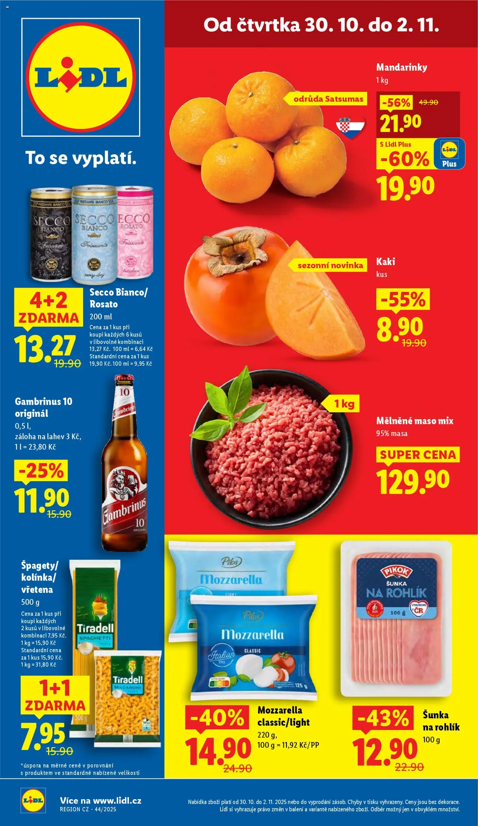 Lidl leták od 30.10.2025 | Strana: 1 | Produkty: Šunka, Mandarinky, Kaki, Gambrinus